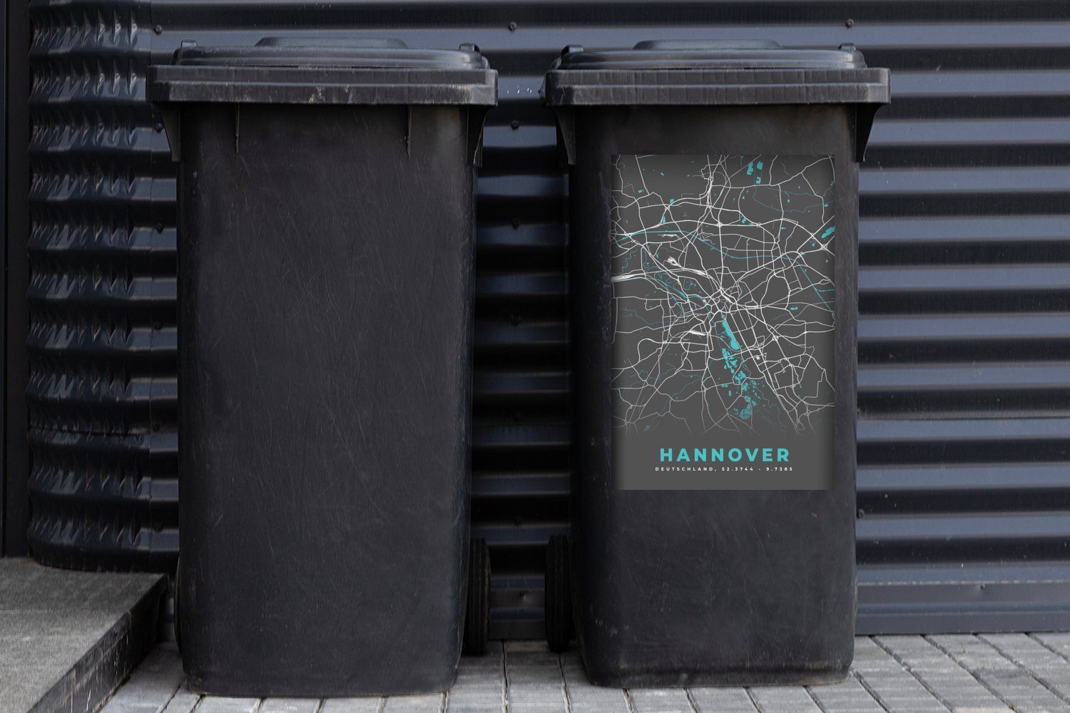MuchoWow Wandsticker Blau Sticker, - - Container, - - Karte Hannover Mülltonne, Stadtplan Deutschland Abfalbehälter Mülleimer-aufkleber, St), (1