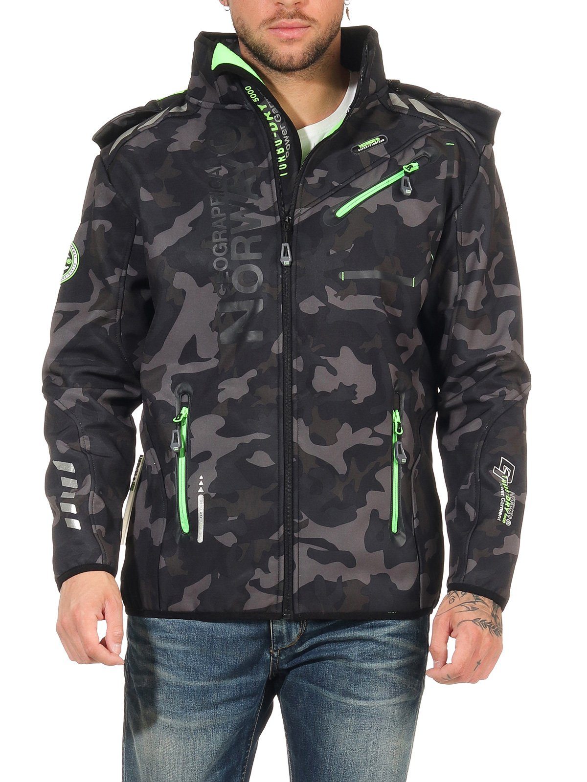 Geographical Norway Softshelljacke Herren Softshell Sport Outdoor Wander Trekking Jacke in Unifarbe, mit abnehmbarer Kapuze, mit Stehkragen