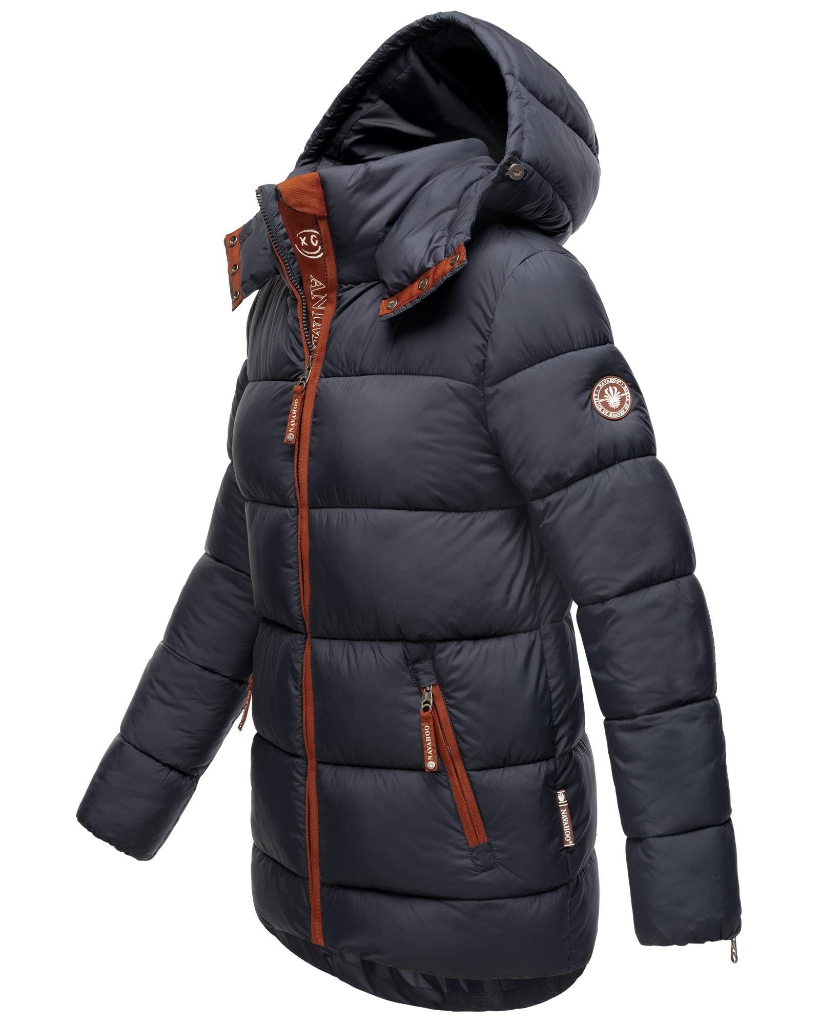 Navahoo Winterjacke Wattewölkchen kontrastfarbenen mit Modische Steppjacke Details navy Damen