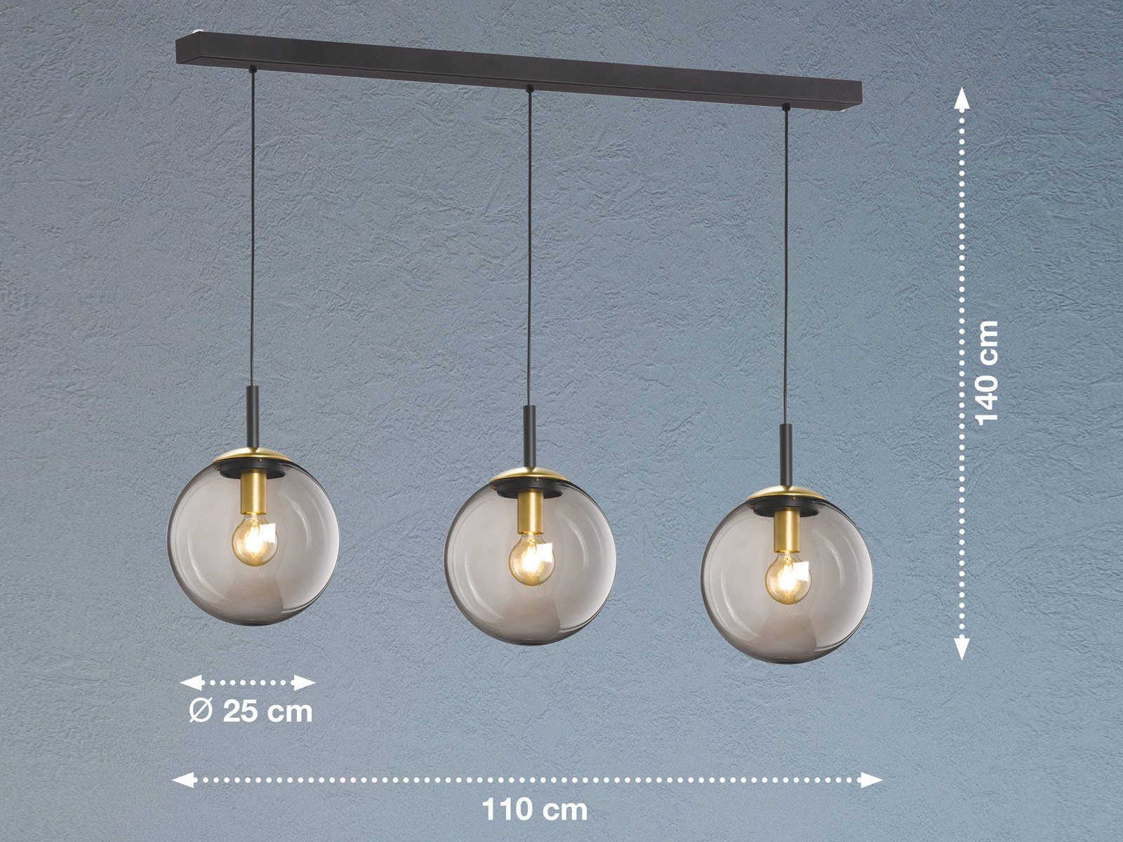 FISCHER & HONSEL LED Pendelleuchte, Dimmfunktion, LED wechselbar, Warmweiß, Balkenlampe mit 3x Rauchglas Glas-kugel für über-n Esstisch hängend