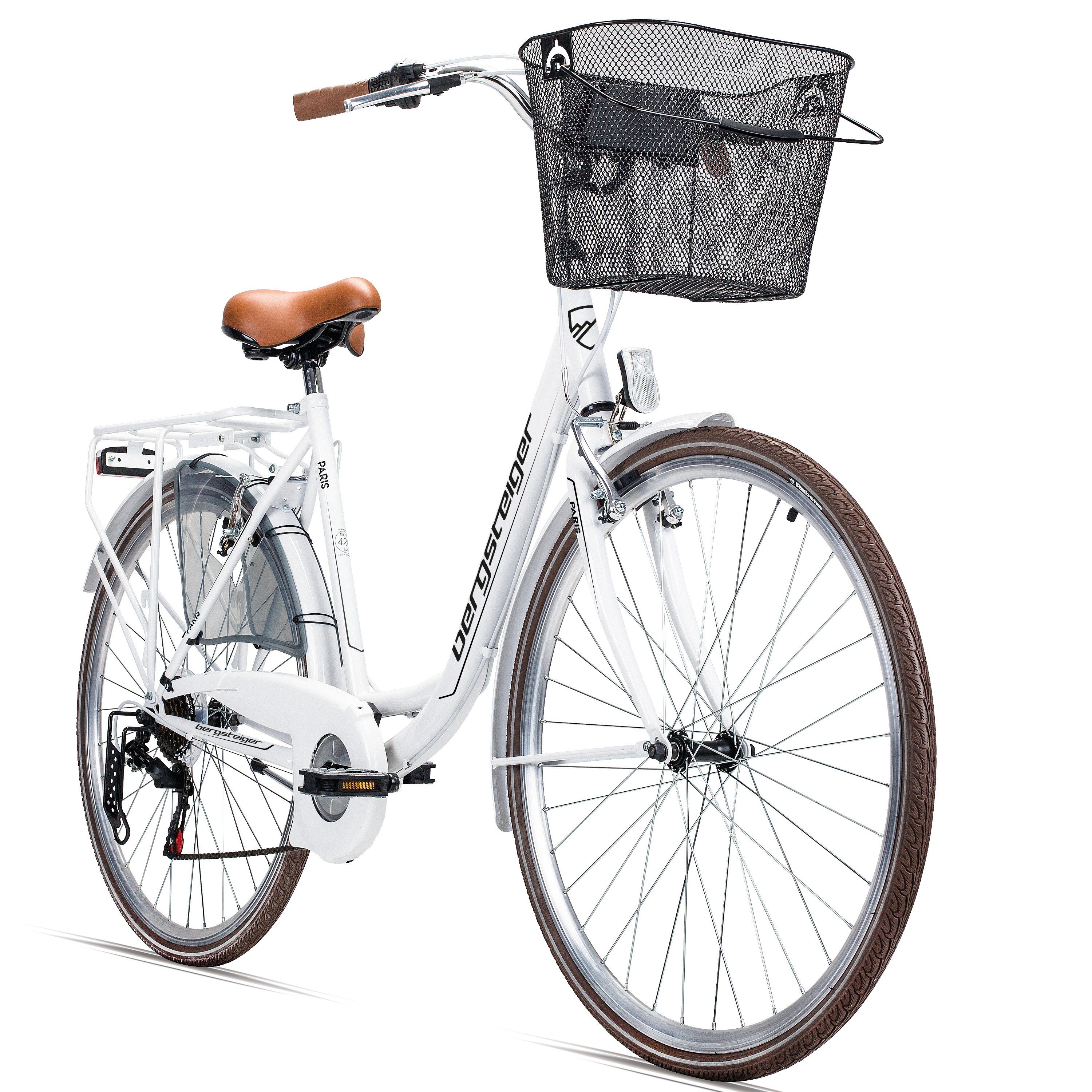 bergsteiger Cityrad Paris 26 Zoll, 28 Zoll Damenfahrrad, ab 140 cm, Korb, Licht, 6 Gang Shimano Tourney RD-TZ50 Schaltwerk, Kettenschaltung, V-Bremsen