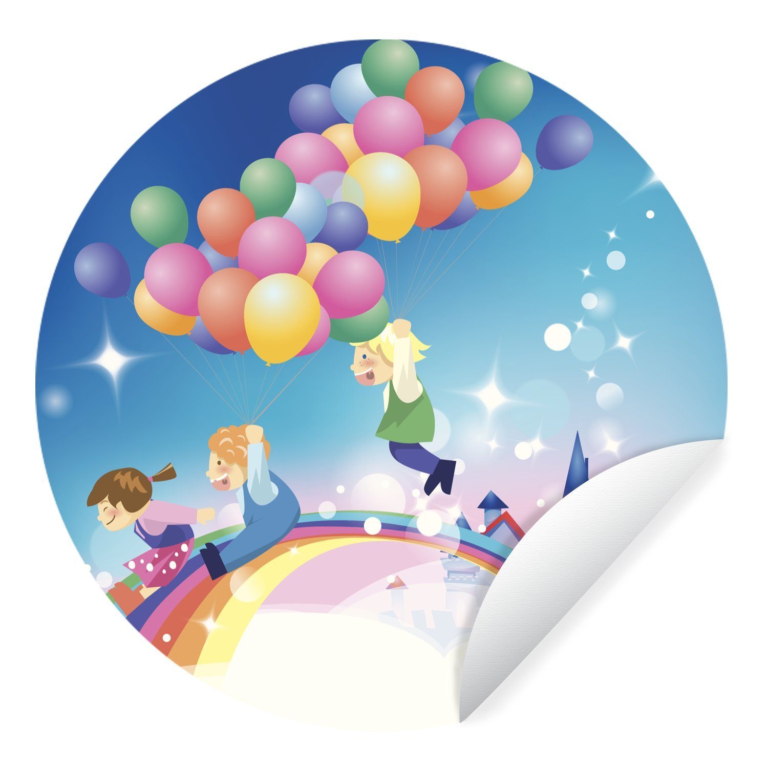 MuchoWow Wandsticker Eine Illustration eines Mädchens mit Luftballons in Regenbogenfarben (1 St), Tapetenkreis für Kinderzimmer, Tapetenaufkleber, Rund, Wohnzimmer