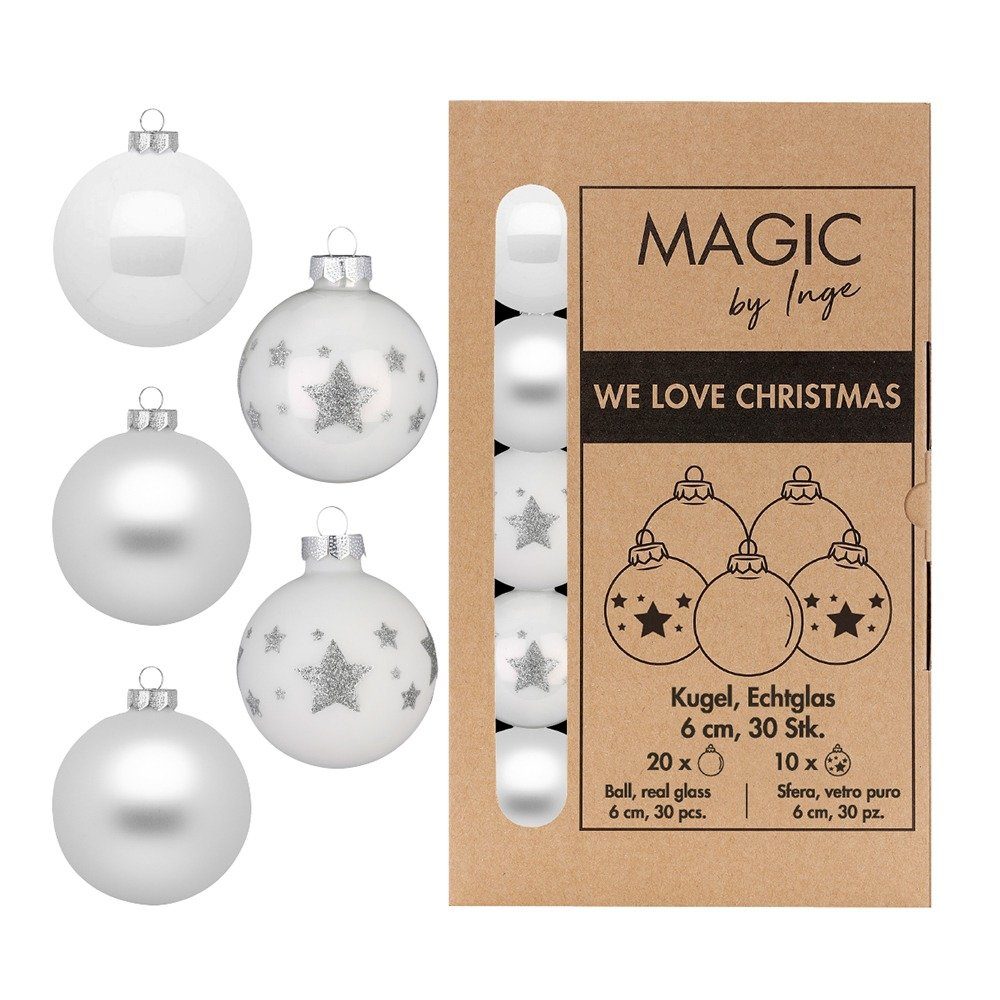 MAGIC by Inge Weihnachtsbaumkugel, Weihnachtskugeln Glas 6cm mit Sternenmuster 30 Stück - Just White