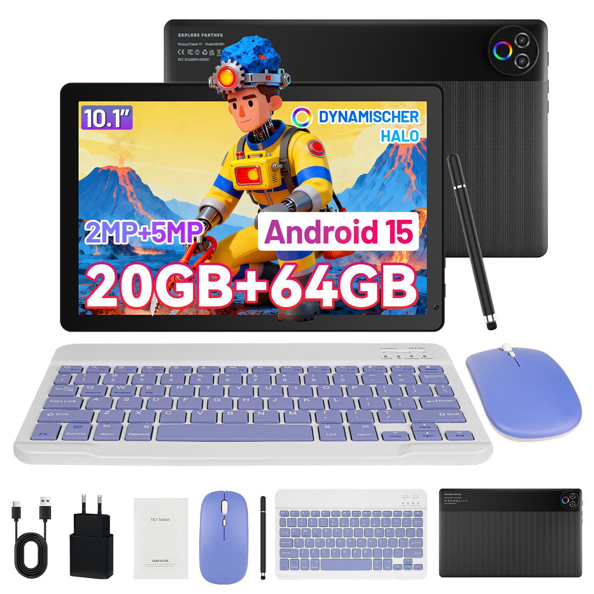 Happybe 10’’ HD Android 15, 20(3+17)GB RAM, 64GB, WiFi6 mit Tastatur und Stift Tablet (10", 64 GB, Android, WiFi6, Großbs Display Tablet mit Stift, Tastatur und Maus, Widevine L1)