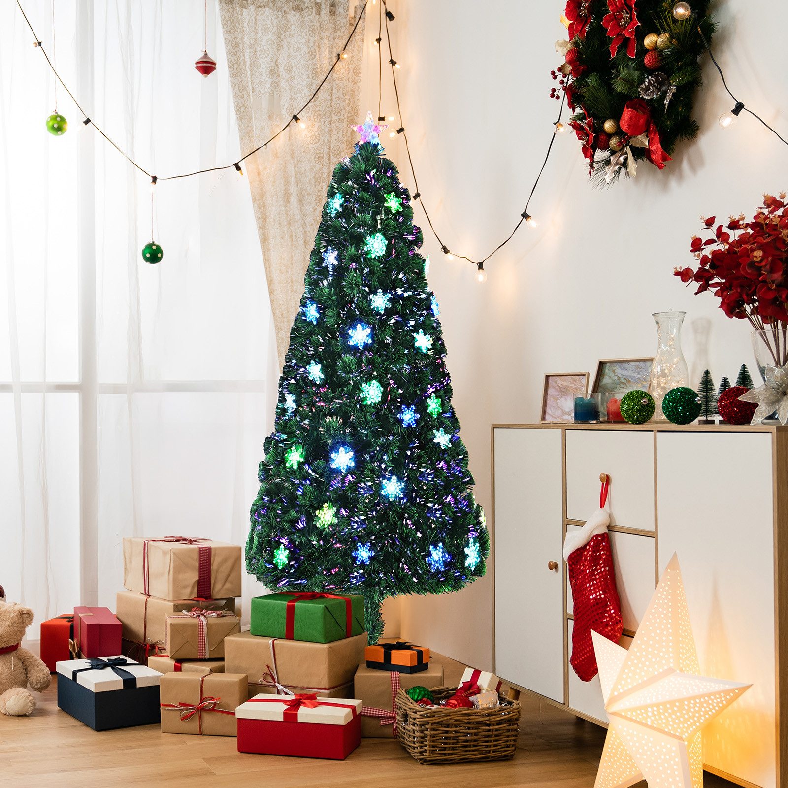 LALAHO Künstlicher Weihnachtsbaum Künstlicher Tannenbaum mit mit Optischer Faser Beleuchtung & 36 LED, 230 Spitzen, Schneeflocken-Deko, Sternspitze, Grün