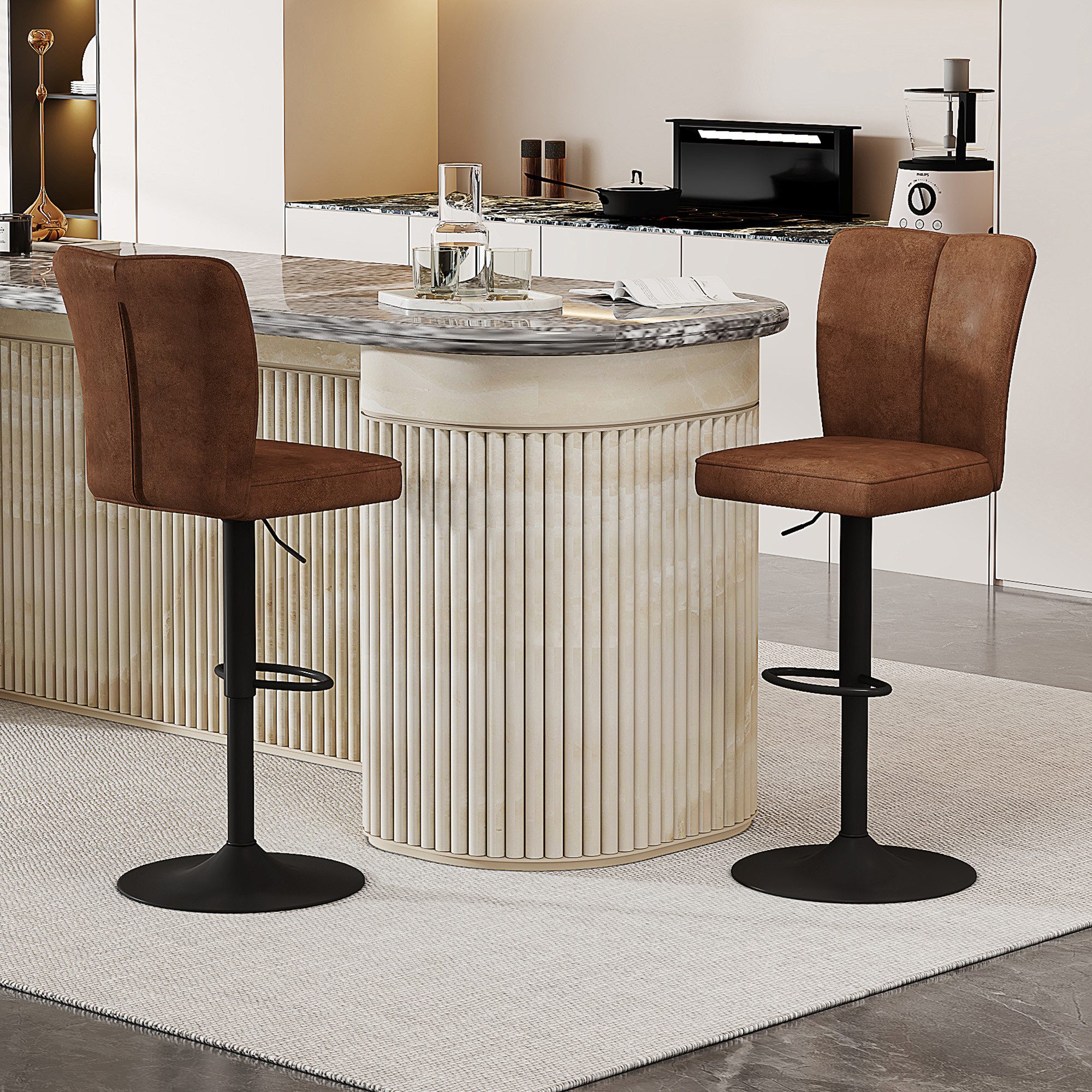 JUFU Barhocker höhenverstellbar & 360° drehbar mit ergonomischer Rückenlehne (2 St), moderner Küchenhocker mit PU-Bezug, Metallfuß & Fußstütze