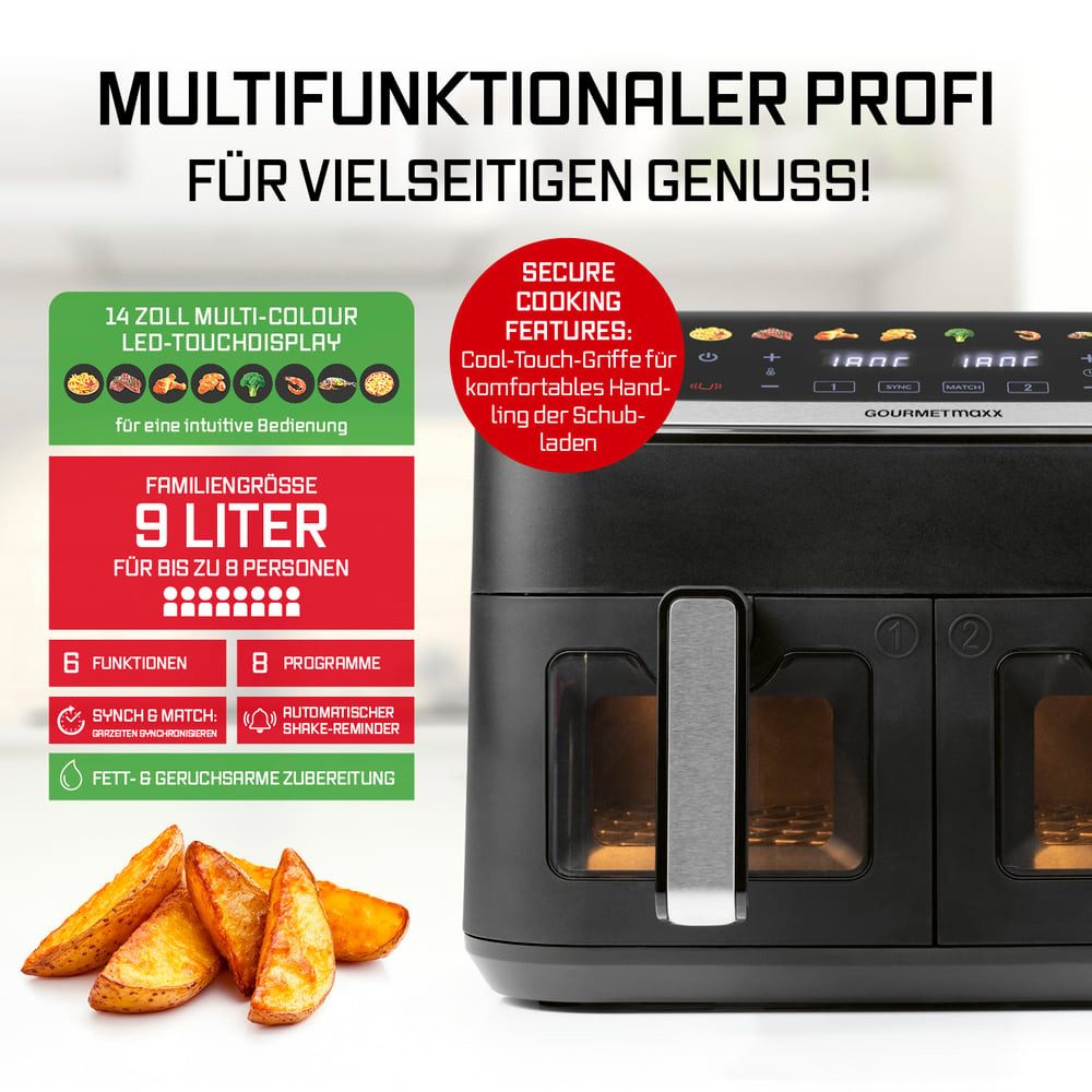 GOURMETmaxx Heißluftfritteuse Airfryer mit Doppelkorb 2x 4,5l 2400W, 2400 W, 8 Programme Touchscreen Pommes Steak wenig Fett 2 Speisen gleichzeitig