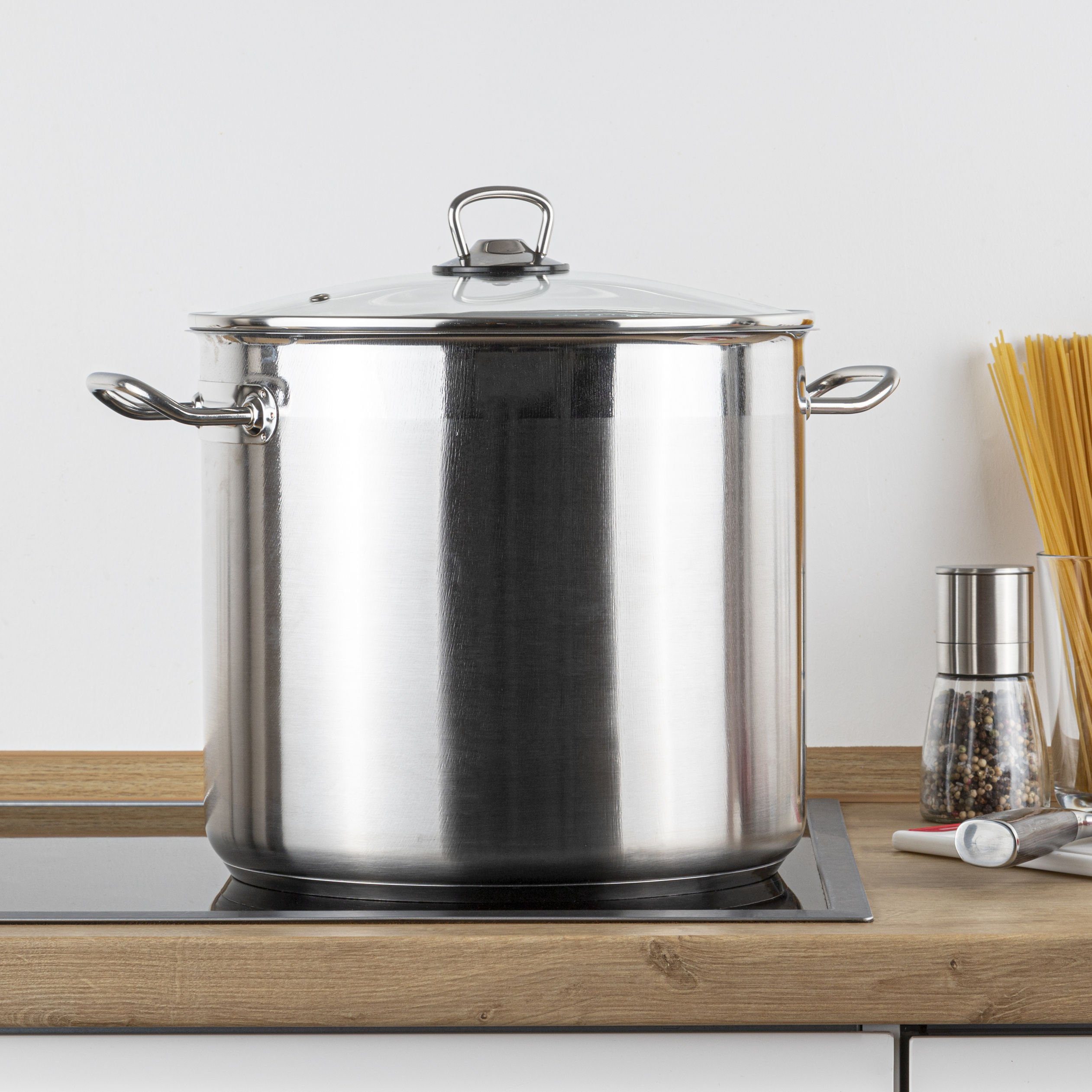 Spetebo Suppentopf XXL Edelstahl Kochtopf mit Glasdeckel - 20 Liter, Edelstahl (Packung, 2-tlg., Topf mit Glasdeckel), Universaltopf Suppentopf mit Kapselboden für Hernd und Backofen