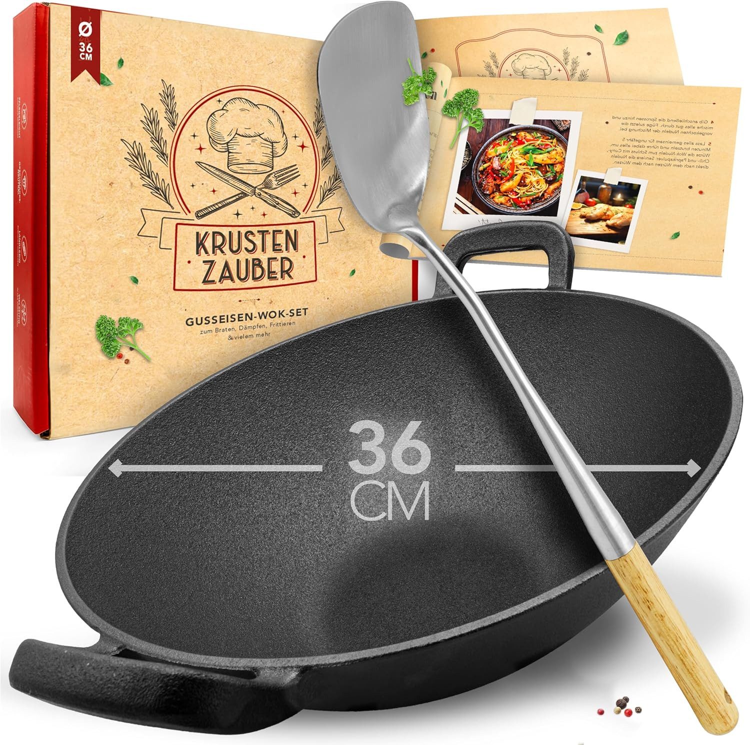Krustenzauber Wok 36cm Gusseisen Wok Induktion - Wokpfanne mit Wokwender -, (Ideal für Gasgrill, Herd, Ofen, als Paella Pfanne Gusseisen, Gusseisenpfanne, Induktionsgeeignet für Stir Fry oder Sac Tava)