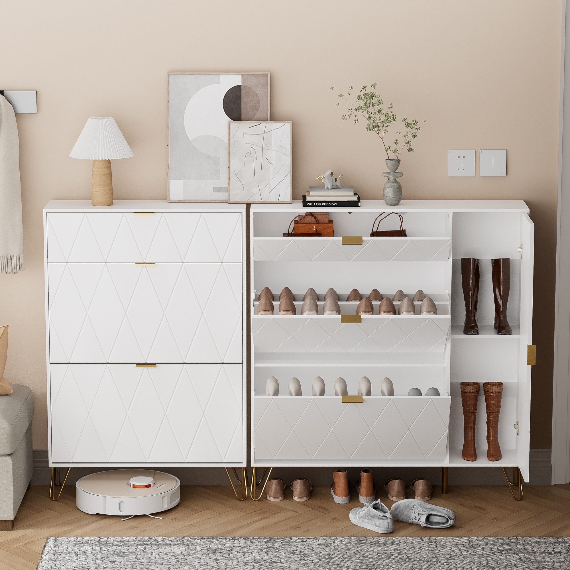 UEV Schuhschrank mit 4 Klappen schmal Schuhkipper Schuhregal (105x24x120cm) verstellbare und herausnehmbare Trennwände für verschiedene Schuhtypen – Bild 4 von 5