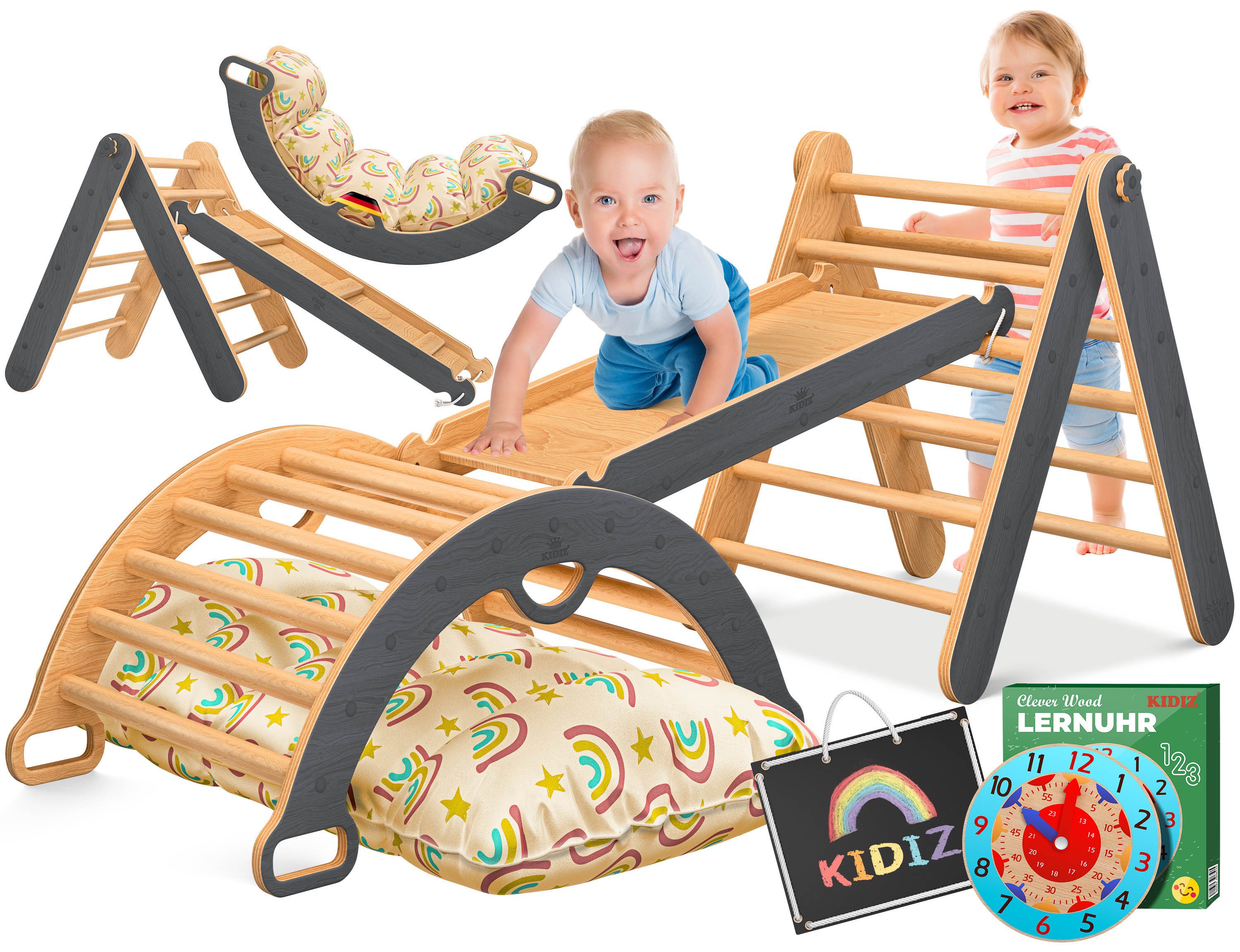 KIDIZ Klettergerüst Klettergerüst Montessori 7in1 Spiel-Set aus Holz, (mit Kletterbogen, Rutsche, Kletterdreieck, Kissen, Tafel & Lern-Uhr), Indoor Spielplatz für Kleinkinder ab 1 Jahr & Kinder bis 3 Jahre