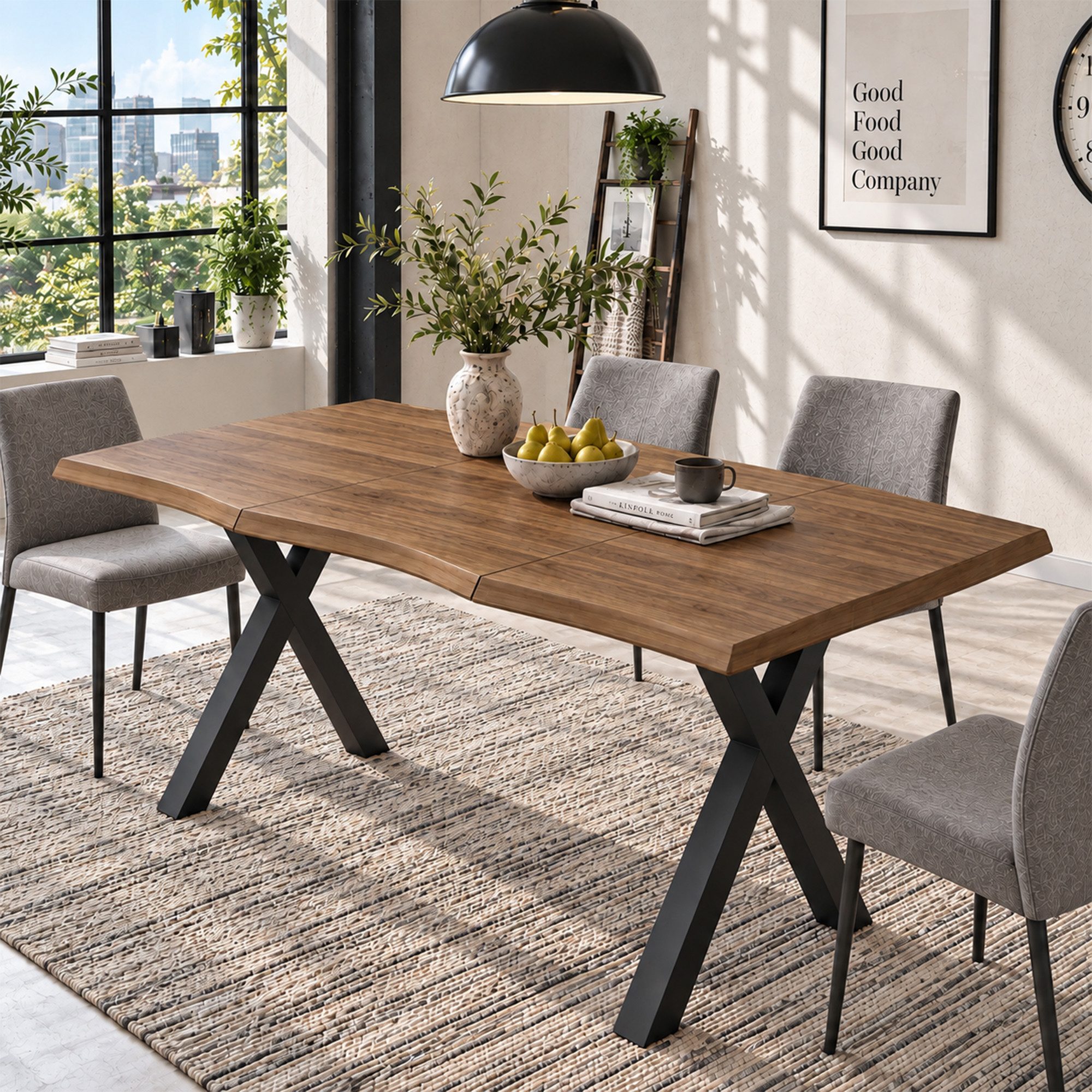 Flieks Esstisch Wellenförmiges Tischplattendesign, verdickte Tischplatte 2,8cm (160x78x77 cm, 1-St., 1 Tisch), rechteckig Schreibtisch Bürostisch Walnussholzfar – Bild 4 von 5