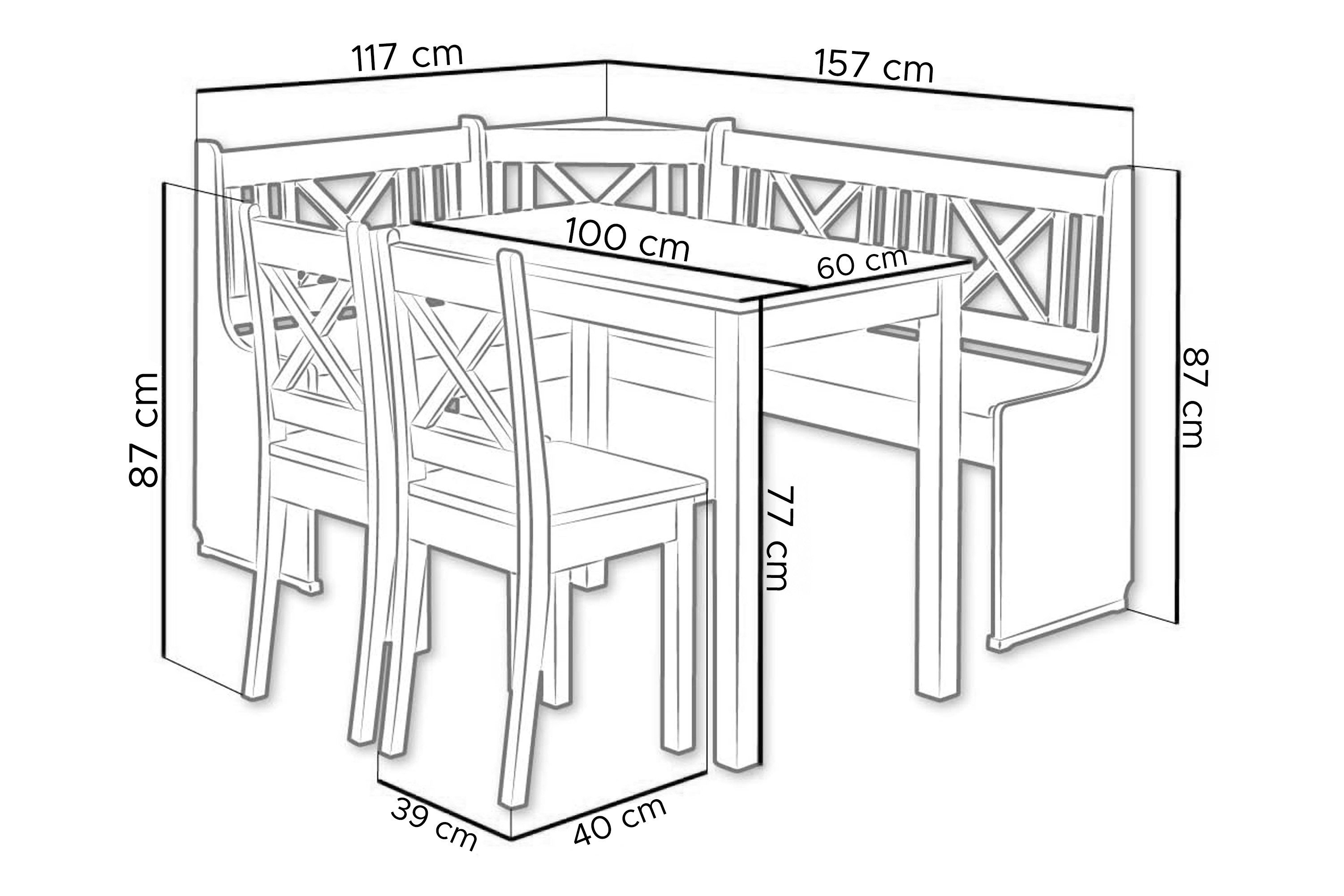 KONSIMO® Eckbankgruppe CULIO Küchenbank, Sitzgruppe, hergestellt in der EU, (Staufach unter der Sitzfläche, 4-tlg., Eckbank, 2 Stühle und Tisch), perfekt für Küche, Massives Erlenholz, Landhaus