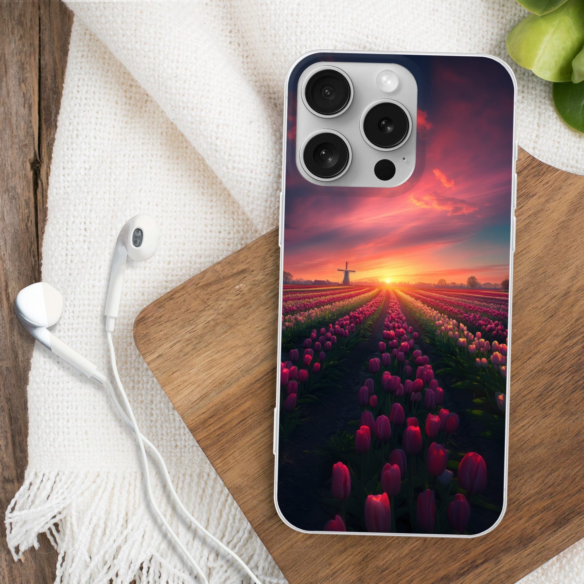 MuchoWow Handyhülle für Apple iPhone 16 Pro Windmühle - Sonnenuntergang - Landschaft, Smartphone-Bumper, Print, Handy Schutzhülle Dünn