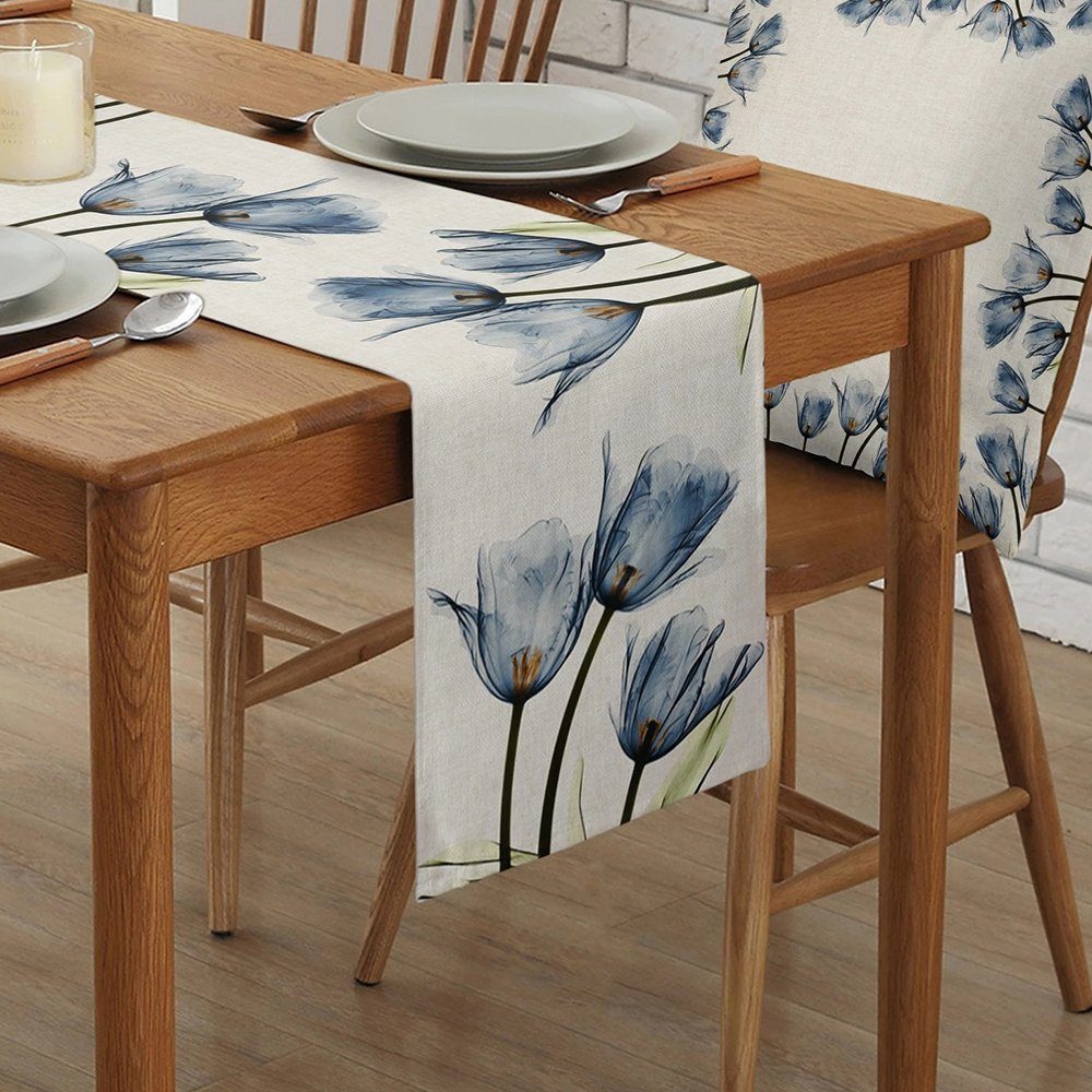 FELIXLEO Tischläufer Tischläufer Blaue Blume 33x180cm Waschbare Leinen Tischdecke Floral (2-tlg)