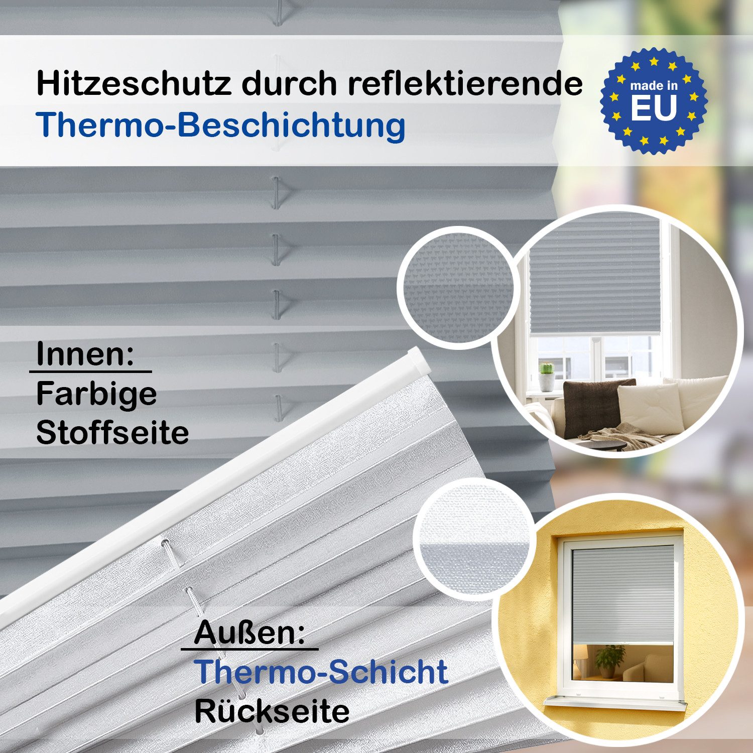 Rikmani Plissee Thermo Klemmfix ohne Bohren Grau 40x100 cm, blickdicht, Klemmfix, Thermo-Wärmeschutz, blickdicht, Stufenlos