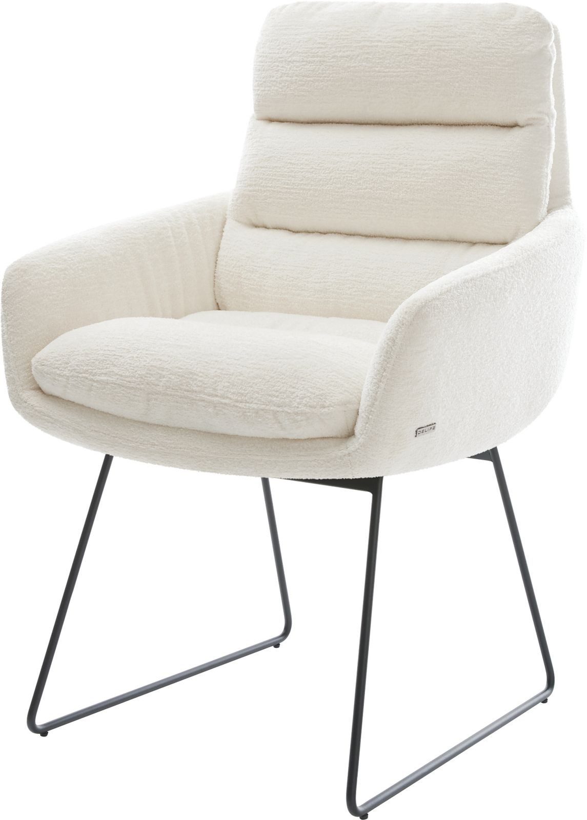DELIFE Polsterstuhl Abelia-Flex, mit Armlehnen Kufengestell Schwarz Bouclé Soft Beige