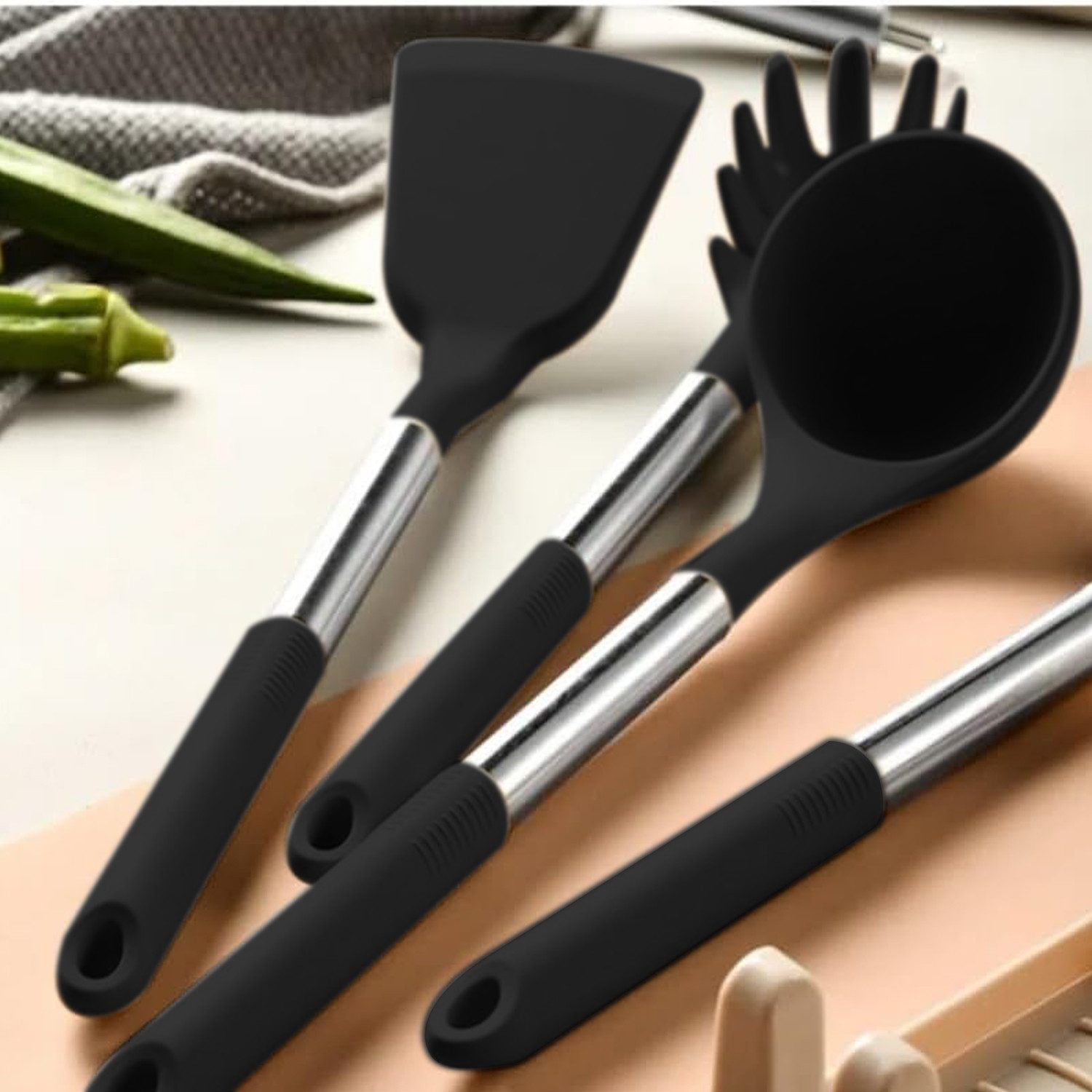 OKWISH Kochbesteck-Set 12er Küchenhelfer Set Kochgeschirr (Kochset Antihaft Hitzebeständig mit Utensilienhalter und Aufhängeloch, 12-tlg., Kochbesteck, Silikon, – Bild 5 von 5