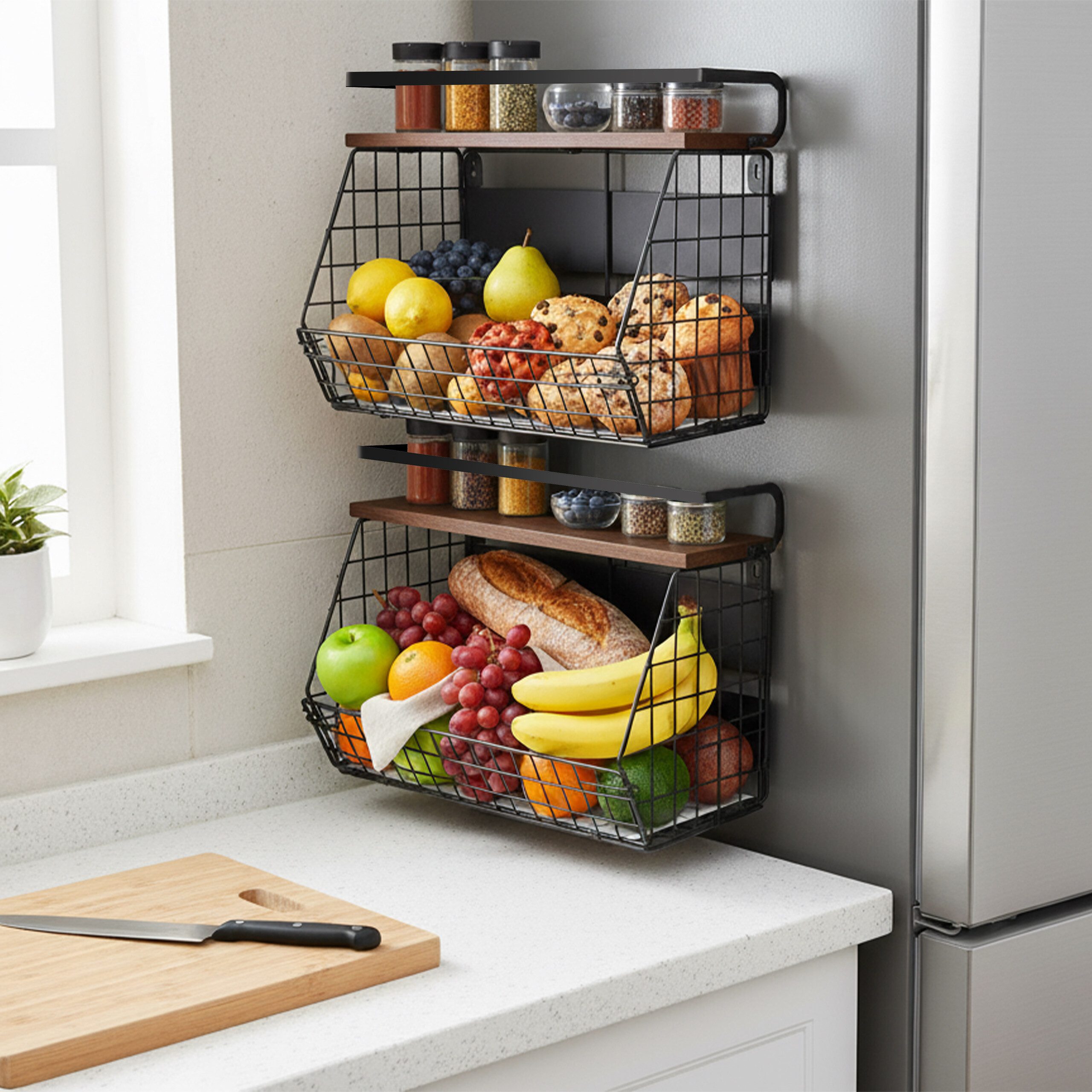 relaxdays Obstschale Obstkorb Wandregal magnetisch 2er Set, Eisen, (2-tlg), A – Bild 2 von 5