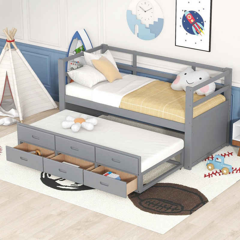 Flieks Daybett (mit 3 Schubladen und ausziehbarem Unterbett 90*190cm), Tagesbett Kinderbett mit Lattenrost Kiefer 90x200cm
