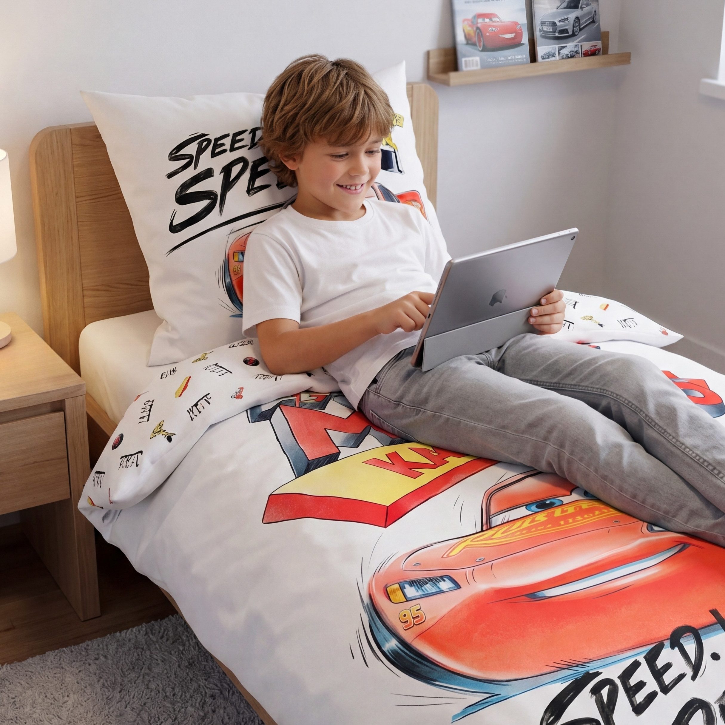 MTOnlinehandel Bettwäsche Disney Pixar Cars 135x200 + 80x80 cm, Renforcé, 100% Baumwolle, 2 teilig, Wende-Motiv Lightning McQueen für kleine Rennfahrer mit großen Träumen