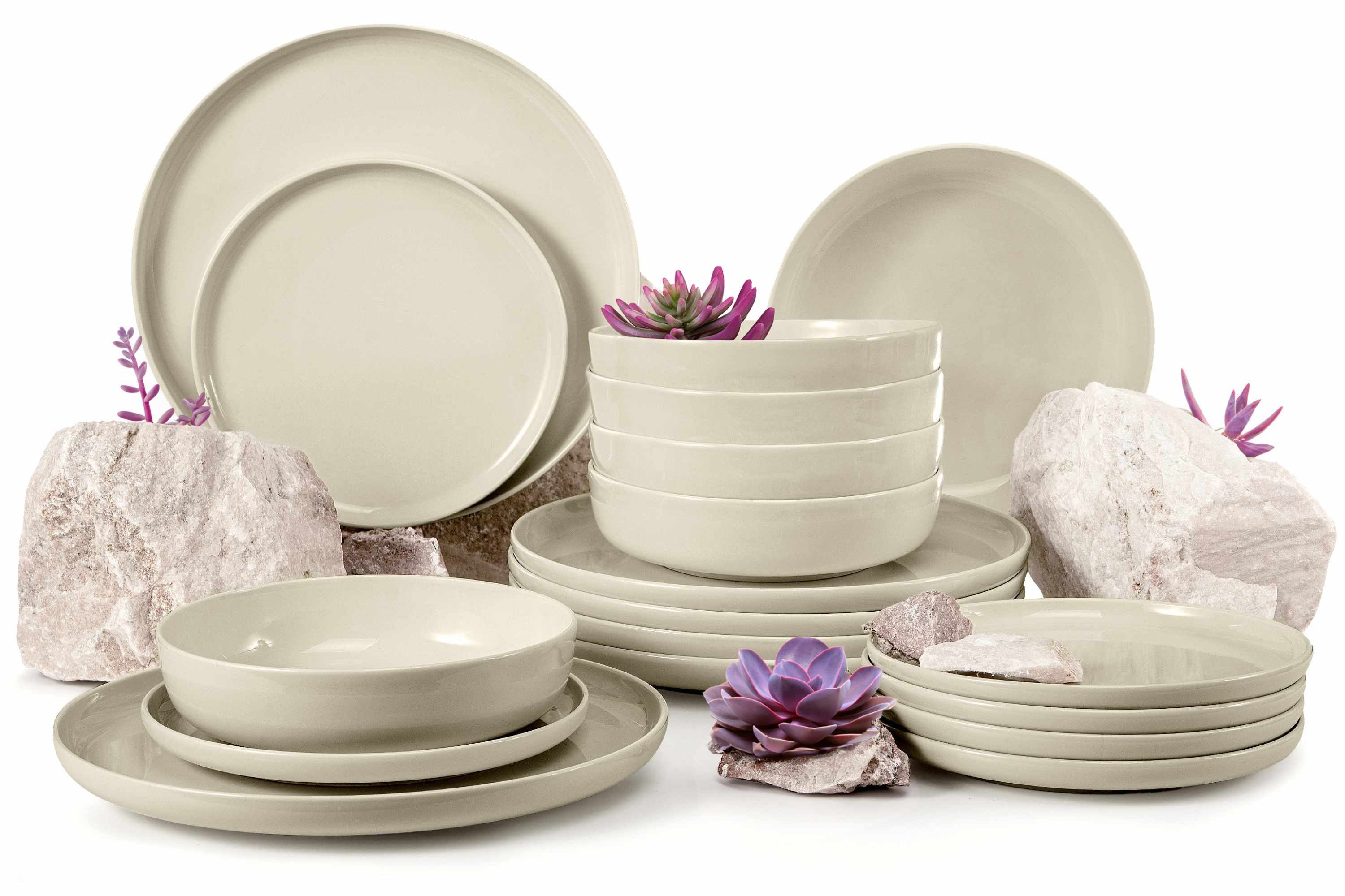 KONSIMO® Tafelservice VICTO Geschirrset hergestellt in der EU (18-tlg), 6 Personen, Steingut, spülmaschinengeeignet, mikrowellengeeignet, glänzend, rund