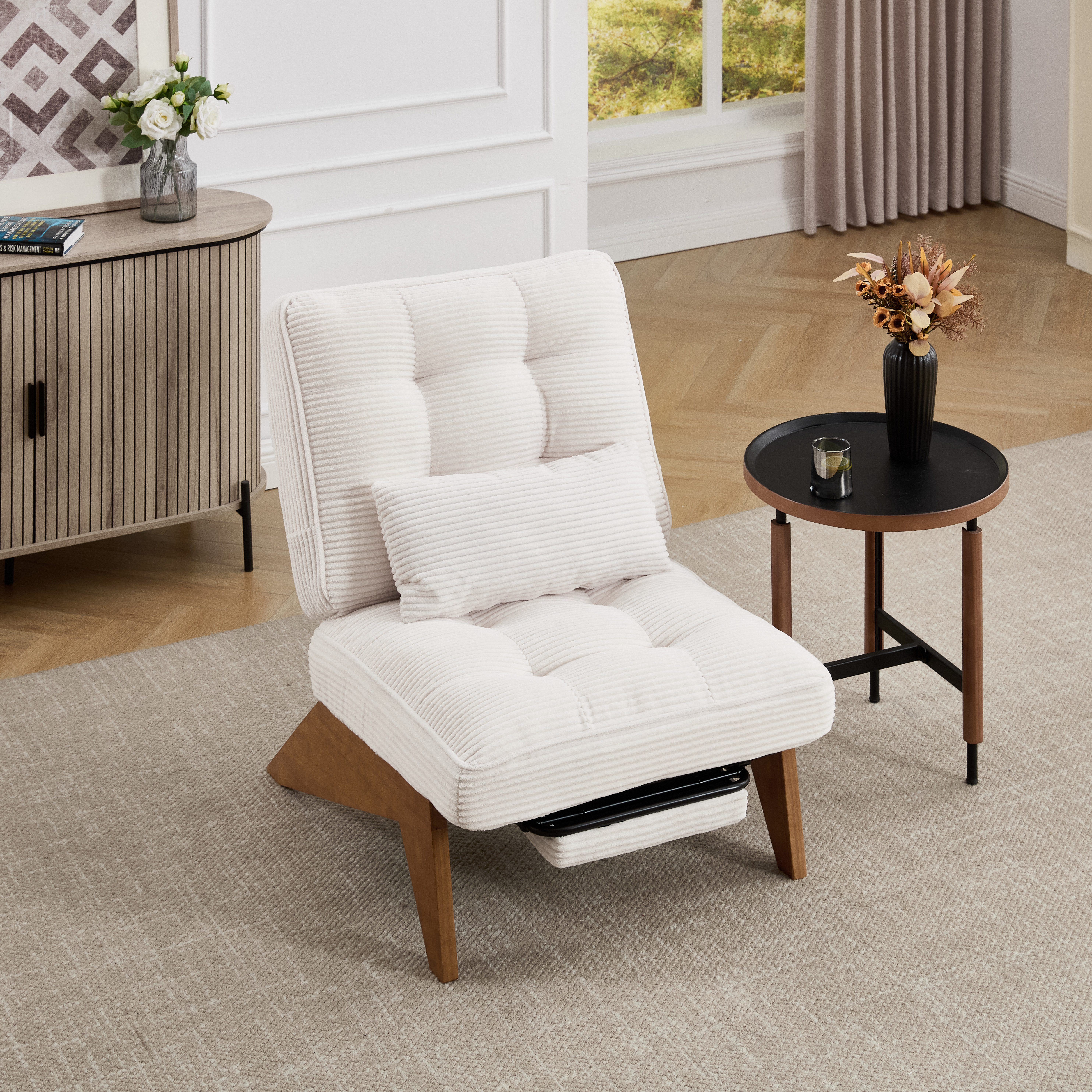 OKWISH Loungesessel Relaxsessel Polsterstuhl (aus Stoff, mit Fußstütze), mit Lendenkissen und Holzbeinen
