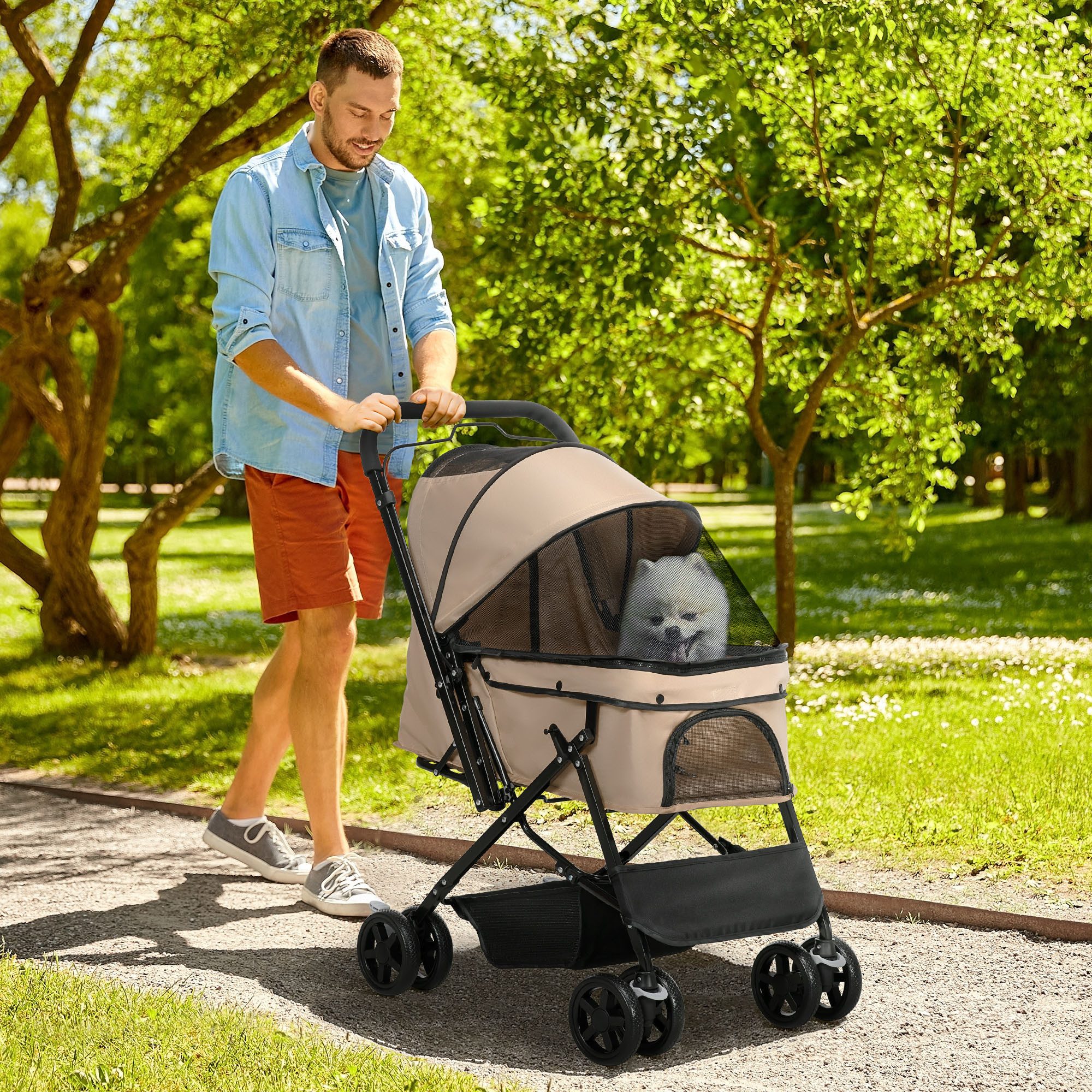 PawHut Hundebuggy Hundewagen Buggy Pet Stroller Oxford braun, (Haustierwagen, 1-tlg), für kleine Hunde und Katzen, Oxford Braun 76,5 x 52 x 95 cm