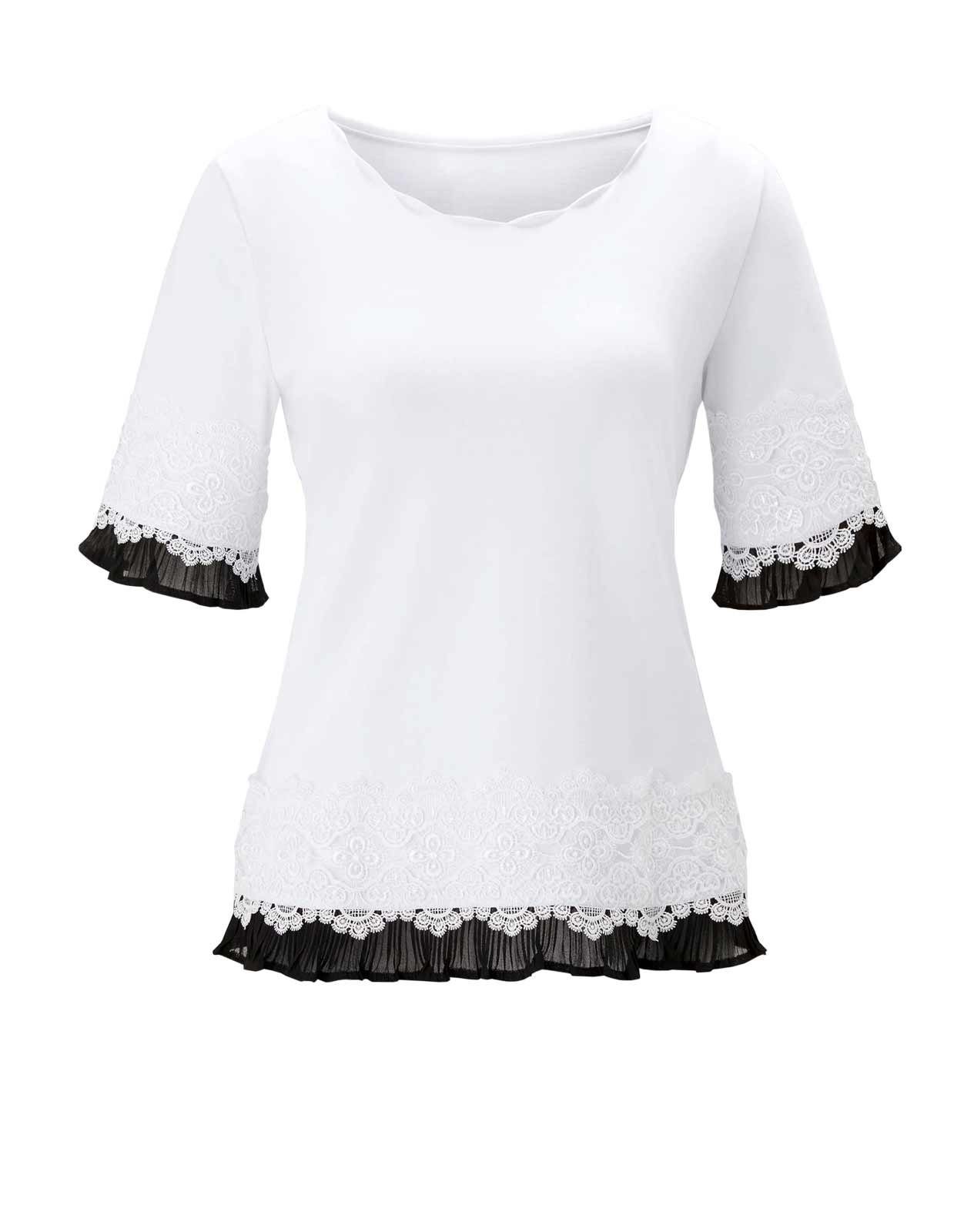 T-Shirt L Damen creation L weiß-schwarz Spitze, Jerseyshirt mit CRéATION