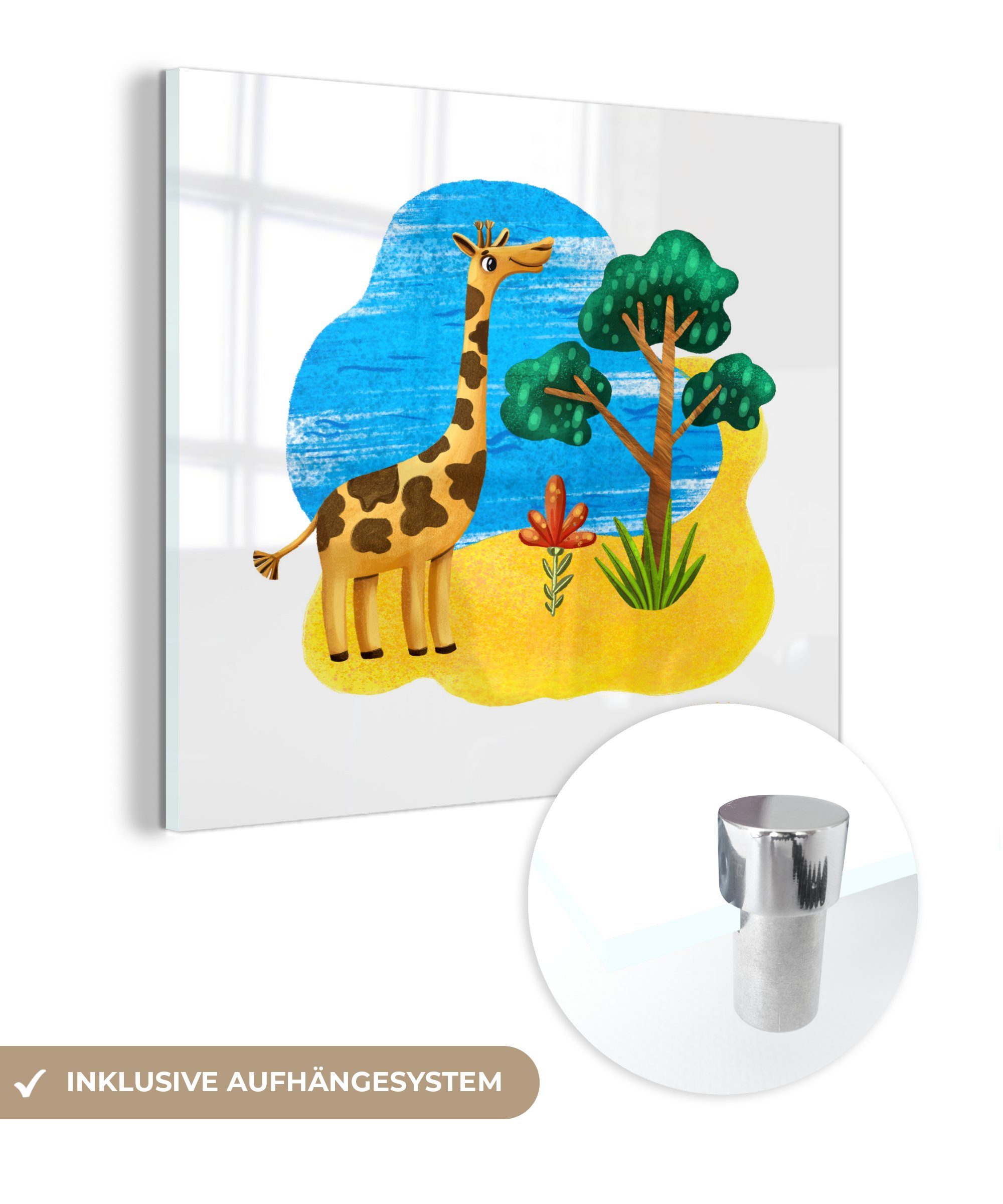 - (1 MuchoWow - - Glas auf Foto Acrylglasbild Giraffe Wanddekoration - - St), auf Baum Bilder Glasbilder Wandbild Strand Glas Meer, -