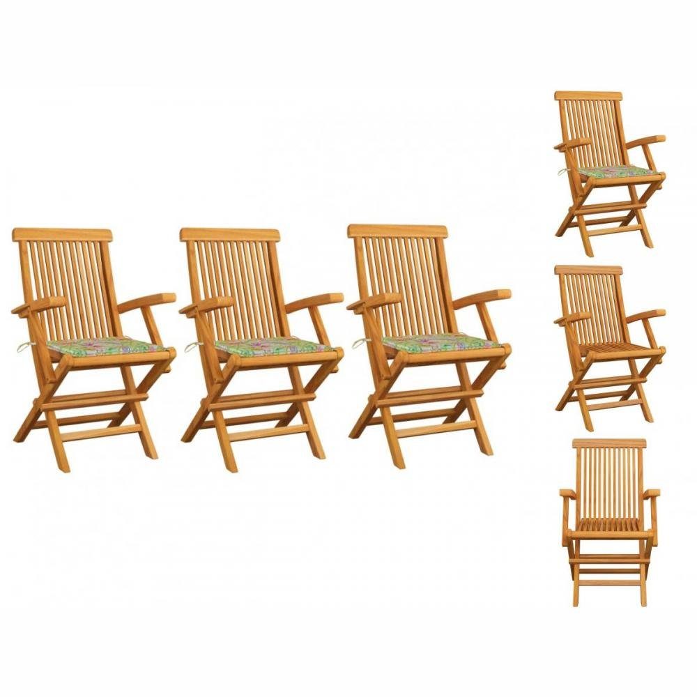 vidaXL Gartenstuhl Gartenstühle mit Blattmuster-Kissen 3 Stk Massivholz Teak Holz | Stühle