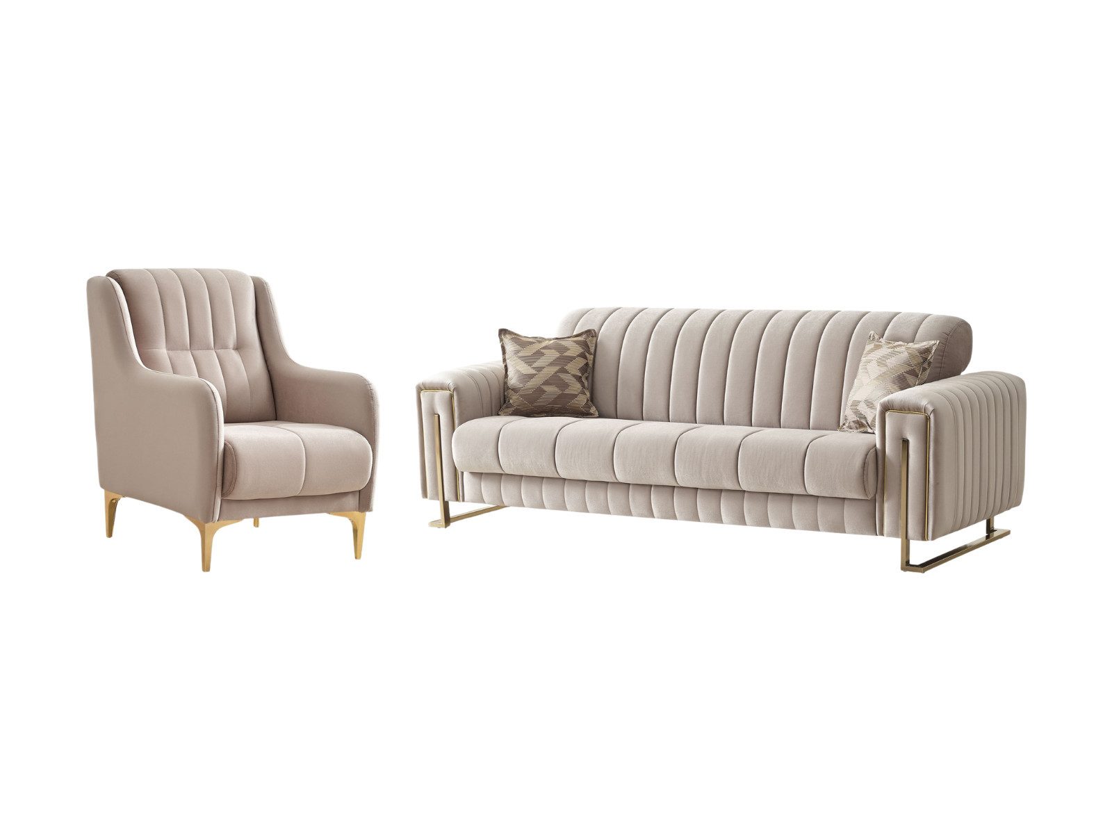 Villa Möbel Polstergarnitur Kochi, (2-tlg. Set, Set besteht aus: 2-Sitzer + Sessel), Beige mit Schlaffunktion durch aufklappbare Sitzfläche