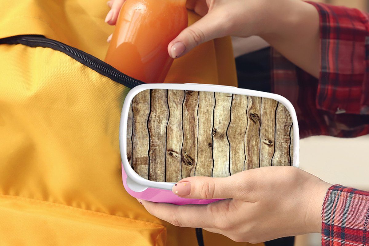 Brotdose (2-tlg), MuchoWow Mädchen, Kinder, Holz Lunchbox - Erwachsene, Rustikal, Kunststoff - rosa Kunststoff, Brotbox Snackbox, für Regale