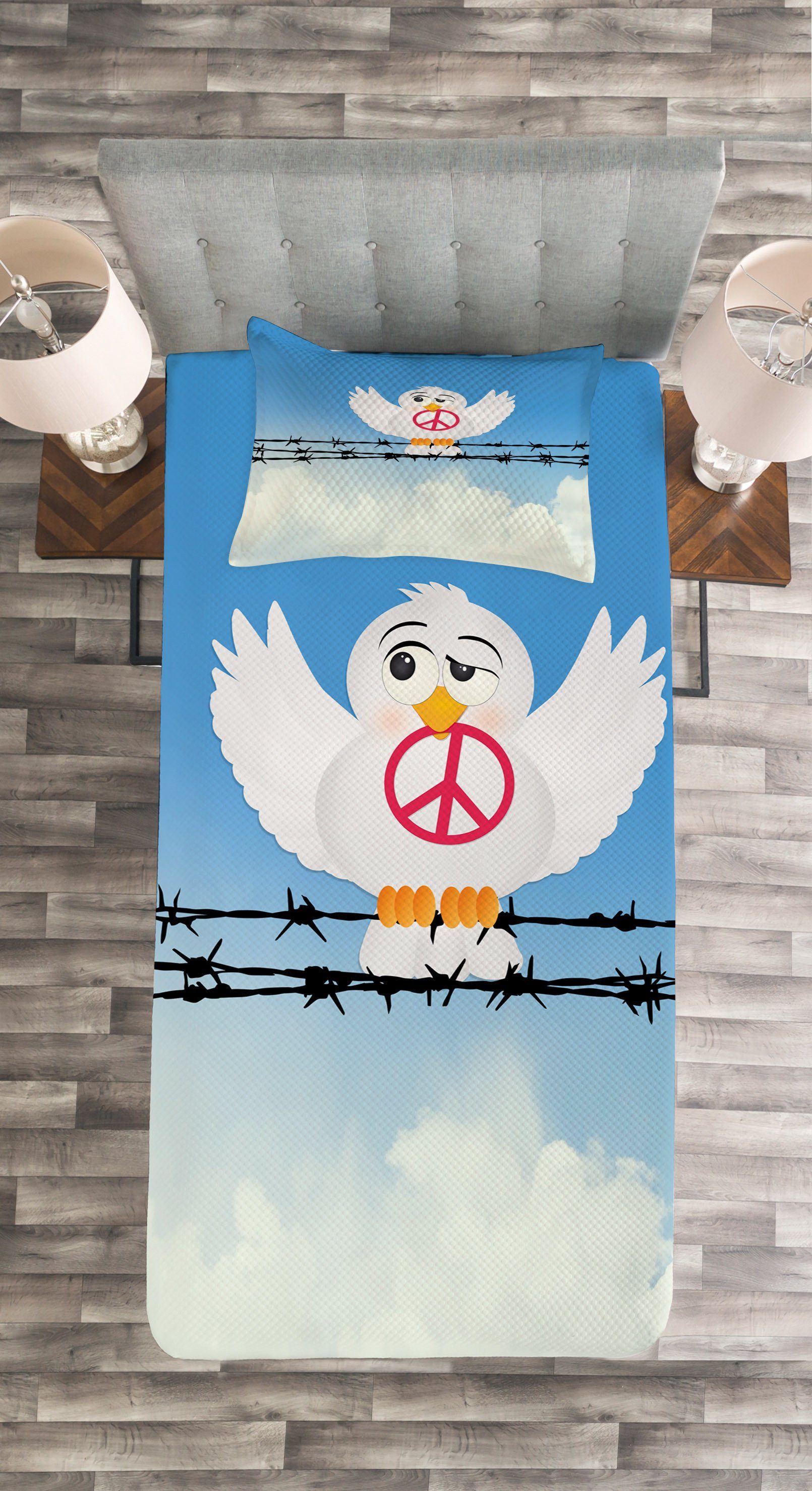 Tagesdecke Set Vogel Frieden mit Dem Auf Waschbar, Abakuhaus, Drahtseil Cartoon-Tier Kissenbezügen