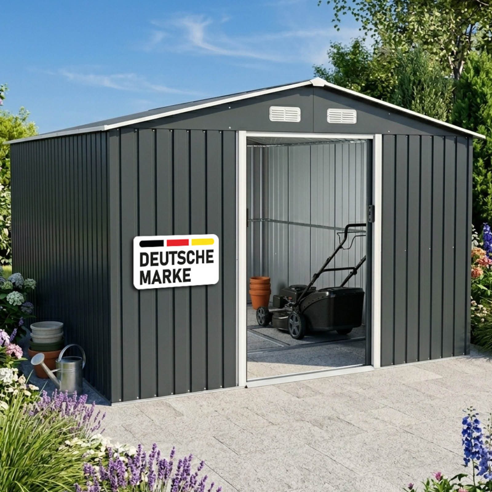 BRAST Gartenhaus Gerätehaus Geräteschuppen Metall, TÜV geprüft, viele Größen, BxT: 278x172 cm, mit Satteldach & Doppelschiebetür, wetterfest wasserdicht