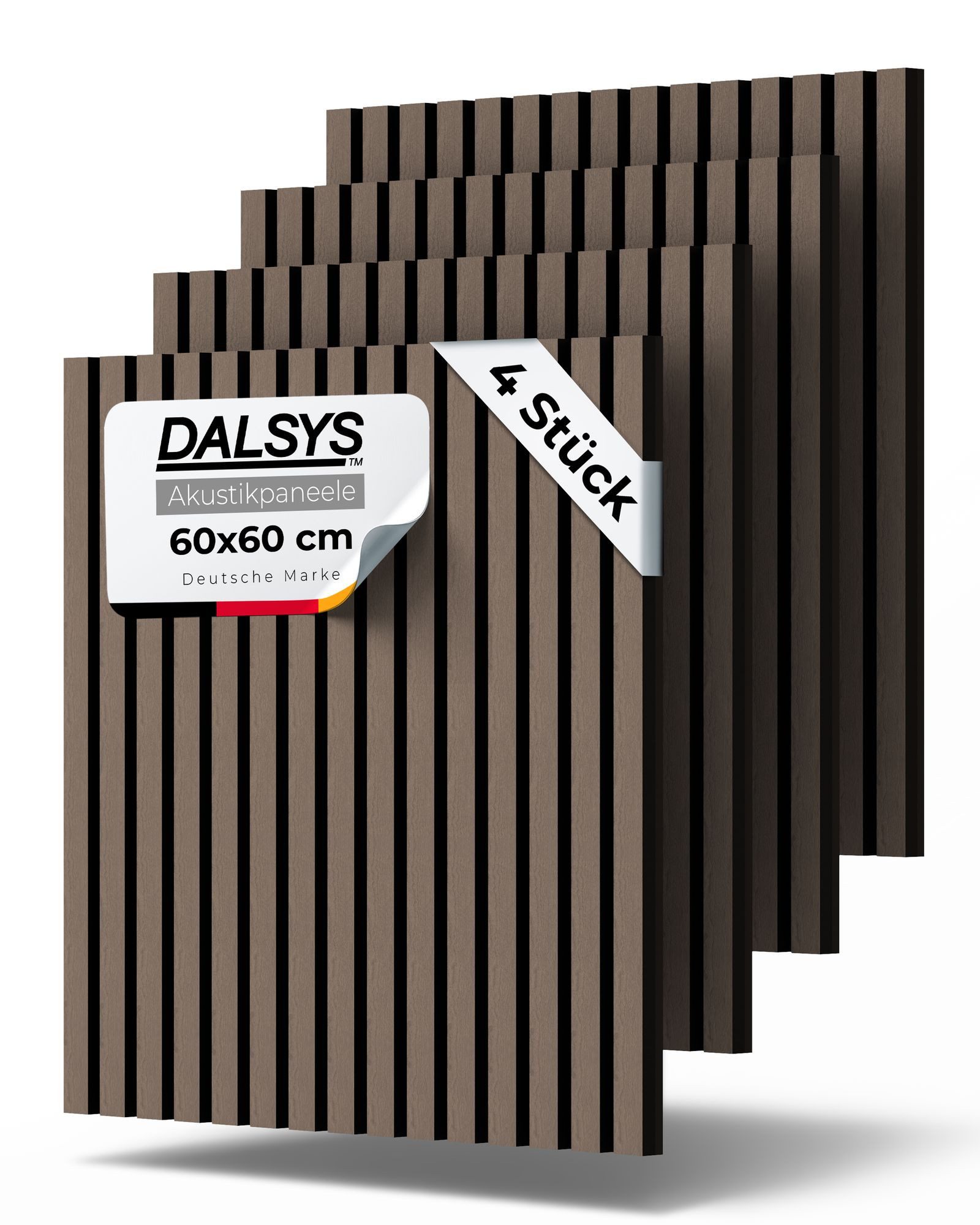 Dalsys Wandpaneel Akustikpaneele, BxL: 60x60 cm, (für Schallschutz in Büro- & Wohnräumen - Akustik Paneele - Holzpaneele, 4-tlg) 3D Wandverkleidung innen mit Lamellen Walnuss