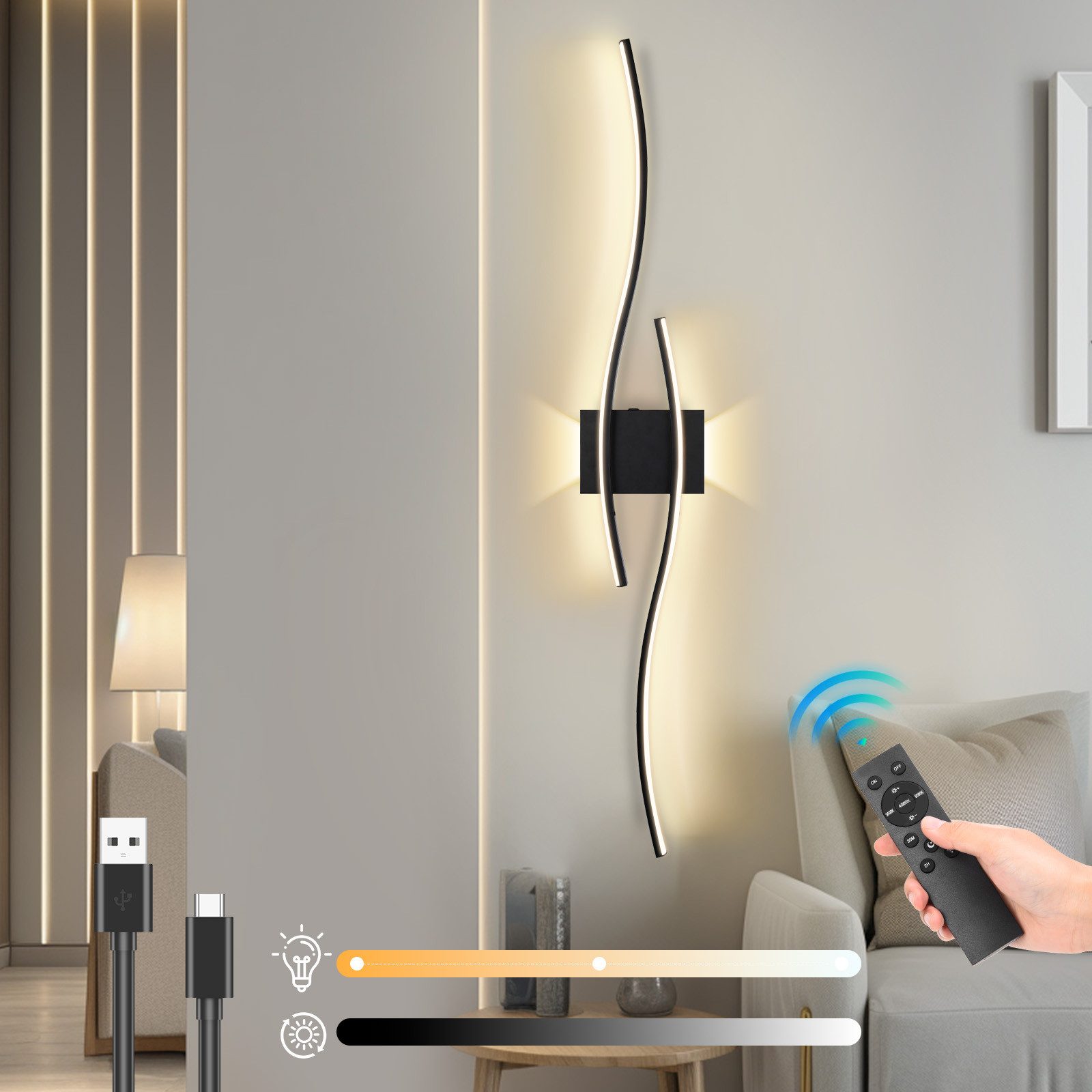 Lapalife Wandleuchte Akku LED Wandlampe Kabellose Dimmbar, Farbtemperatur Anpassung, 100CM, Mit Fernbedienung & Touch, Timer, für Schlafzimmer, Wohnzimmer