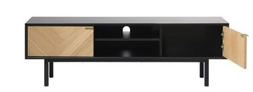 möbelando TV-Board CALVI, aus Eiche Furniert hell natur lackiert in Eiche Furniert hell natur lackiert mit Absetzungen in Absetzung Schwarz Füße Metall schwarz. Abmessungen (B/H/T) 160x50x43 cm