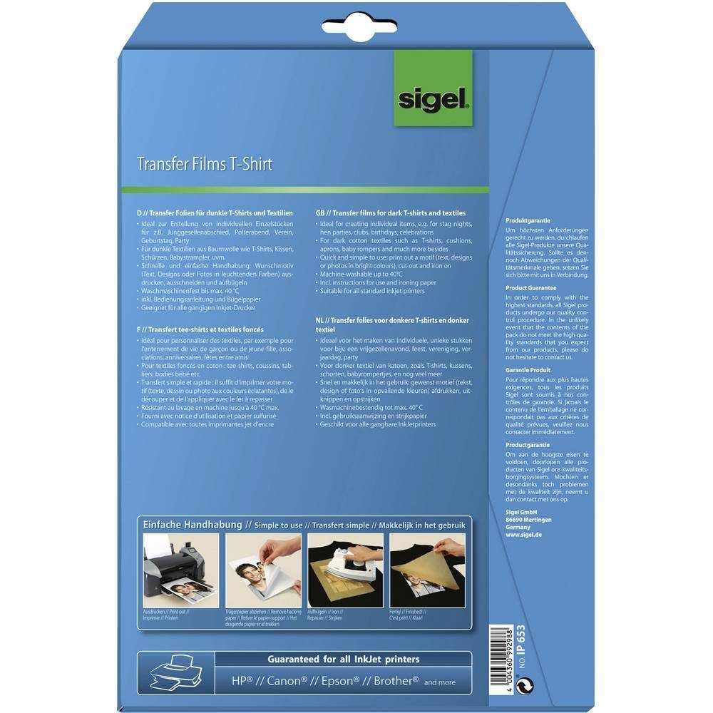 Sigel Fotopapier Aktion T-Shirt Transfer Folien für dunkle Textilien, 6 T1157