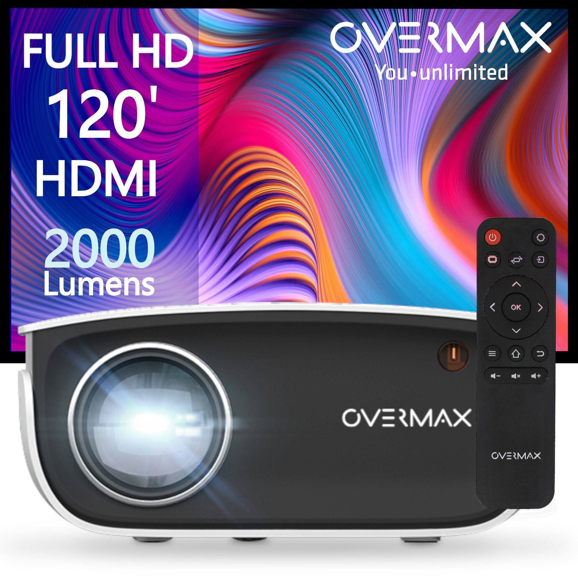 Overmax 50.000 Stunden Gratis px, MULTIPIC HD HDMI-Kabel (2000 Full 2.5 120 Kontrast 2000Lumen) 1920x1080p LED-Beamer lm, 1500:1, Zoll