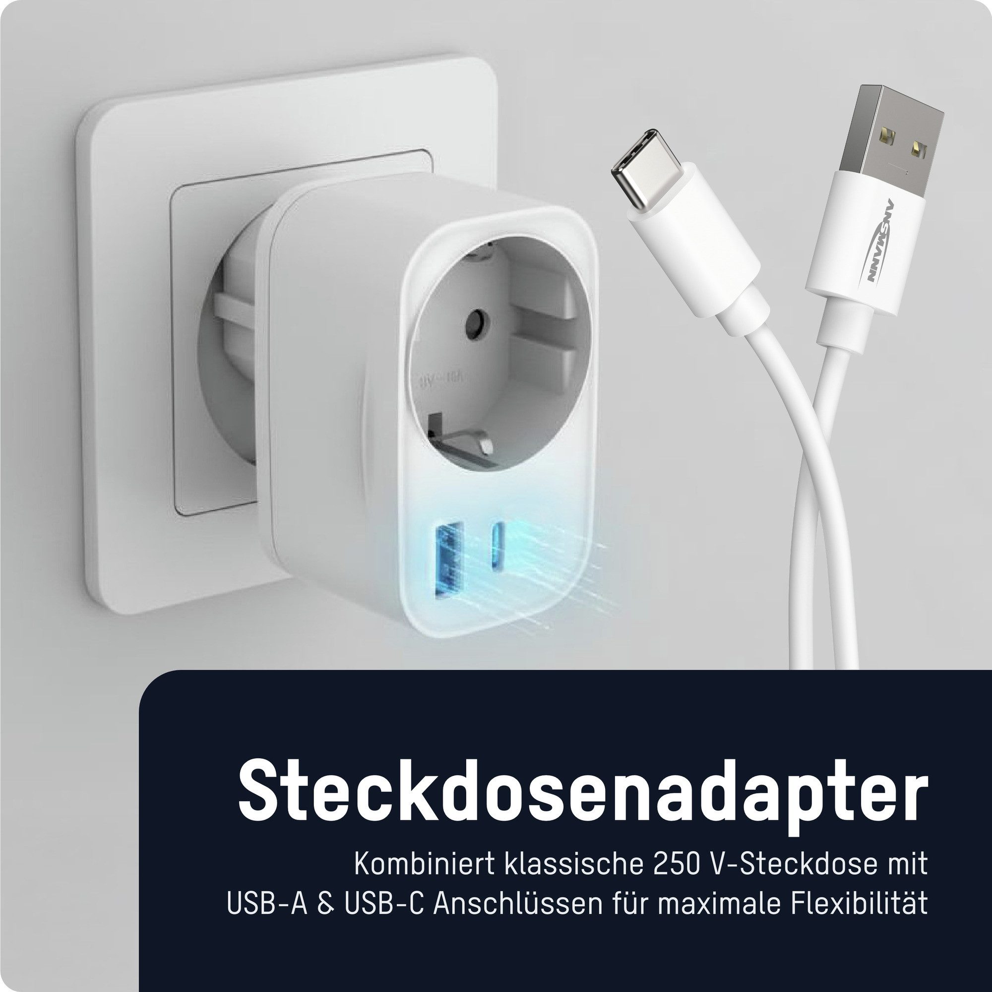 ANSMANN AG Funksteckdose Steckdosenadapter 20W, USB C & USB A Ladegerät zum Schnellladen