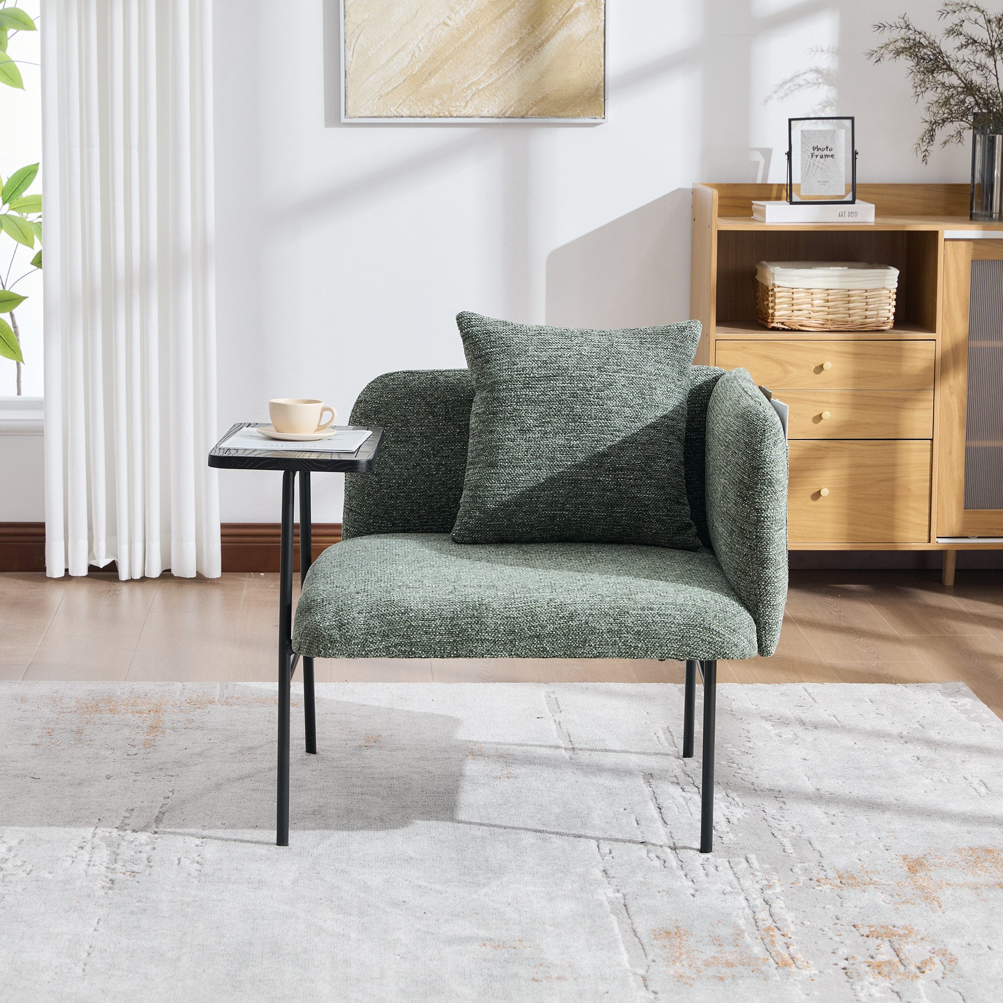 STILVORA Relaxsessel mit Beistelltisch Moderner Einzelsessel mit Seitentaschen (Einzelsessel Set, Stauraum, modern, Sessel + Tisch, dunkle Holzoptik, Metallrahmen, kompakt), ergonomisch, stabil, platzsparend, komfortabel, pflegeleicht