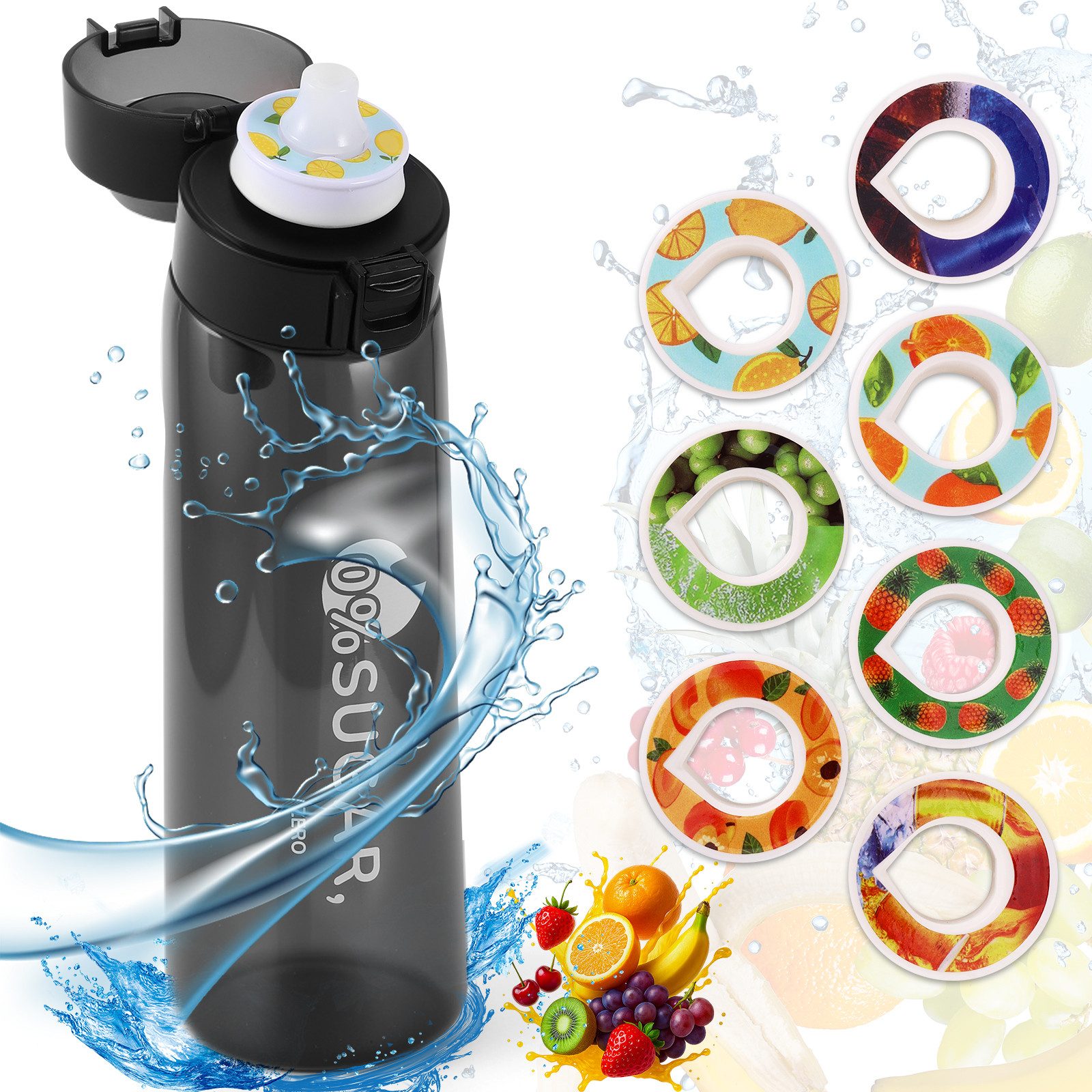 BlingBin Trinkflasche Luft Wasserflasche Sport mit 7 Pods Geschmackskapseln, 650ml, Trinkflasche Ideal zum Laufen und im Fitnessstudio, Schwarz