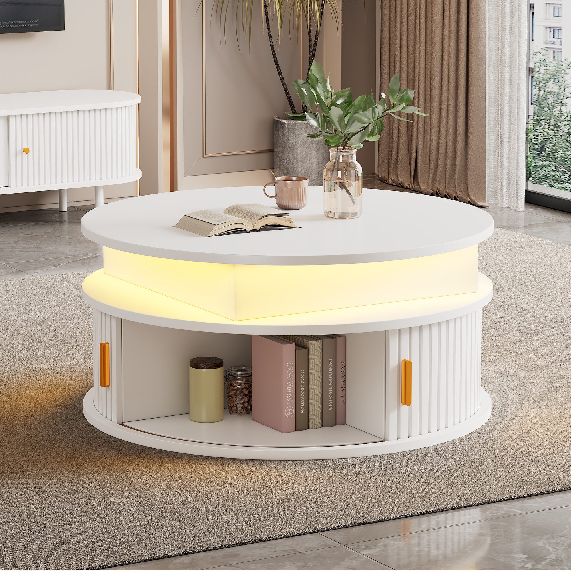 Merax Couchtisch hochglanz Sofatisch höhenverstellbar Beistelltisch mit LED-Beleuchtung (Versteckter Stauraum & Höhenverstellbare Tischplatte, 1-St), Runder Wohnzimmertisch mit 2 Rollladentüren & Stauraum, 75x75x52cm