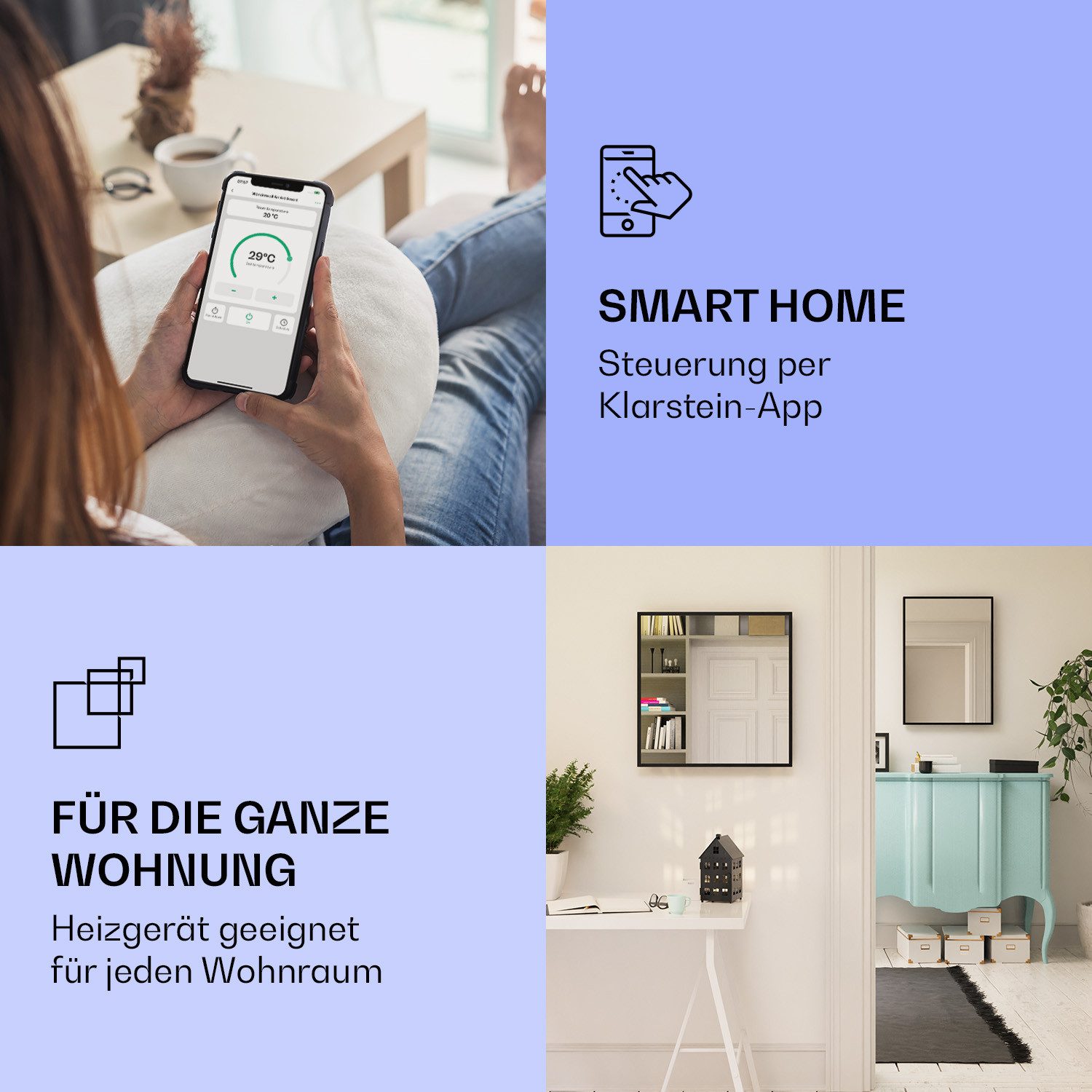 Klarstein Heizkörper La Palma Smart 500 W black, elektrische Infrarot Wandheizung Spiegel Thermostat Heizung elektrisch