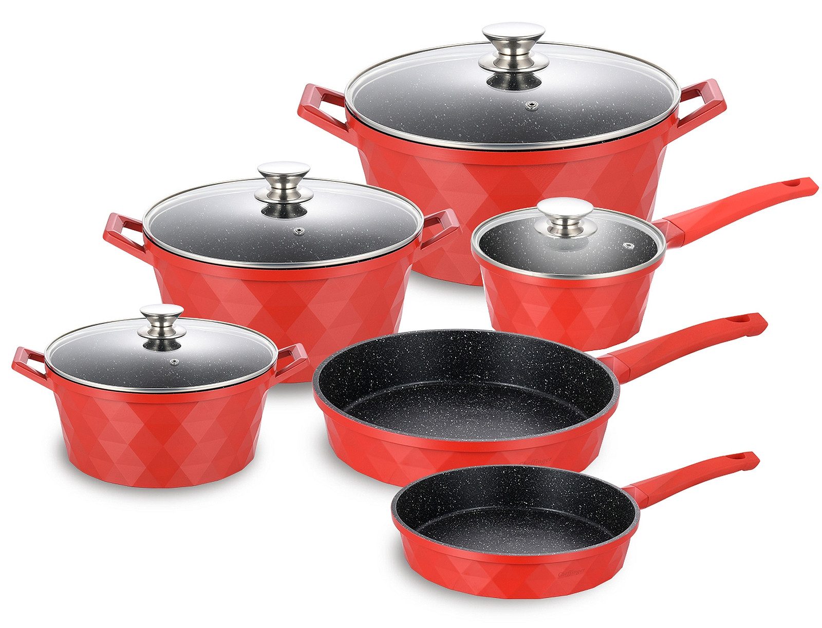 Pfannen-Set Topf Kochtopf Kasserolle Bratpfannen Set 12-tlg Cheffinger rot DIAC12