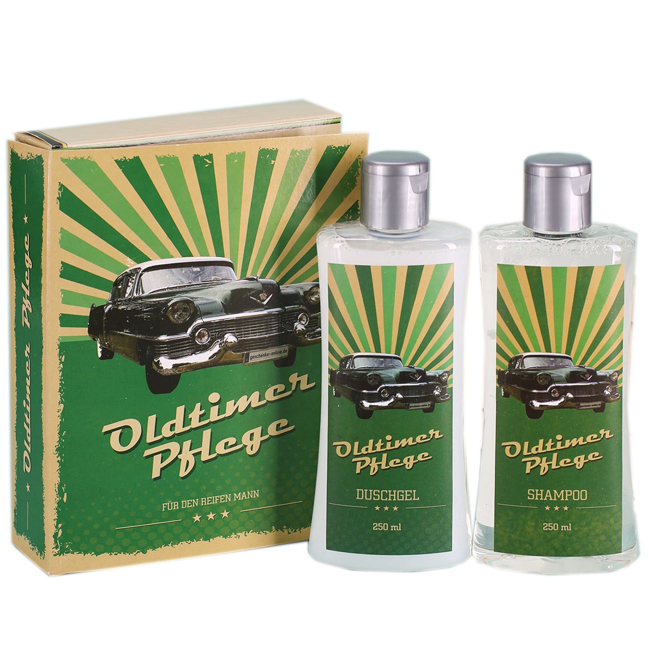 Herz & Heim Pflege-Geschenkset "Oldtimer Pflege" - Lustiges Geschenk für Männer zum Geburtstag, 1x Duschgel (250 ml), 1x Shampoo (250 ml)