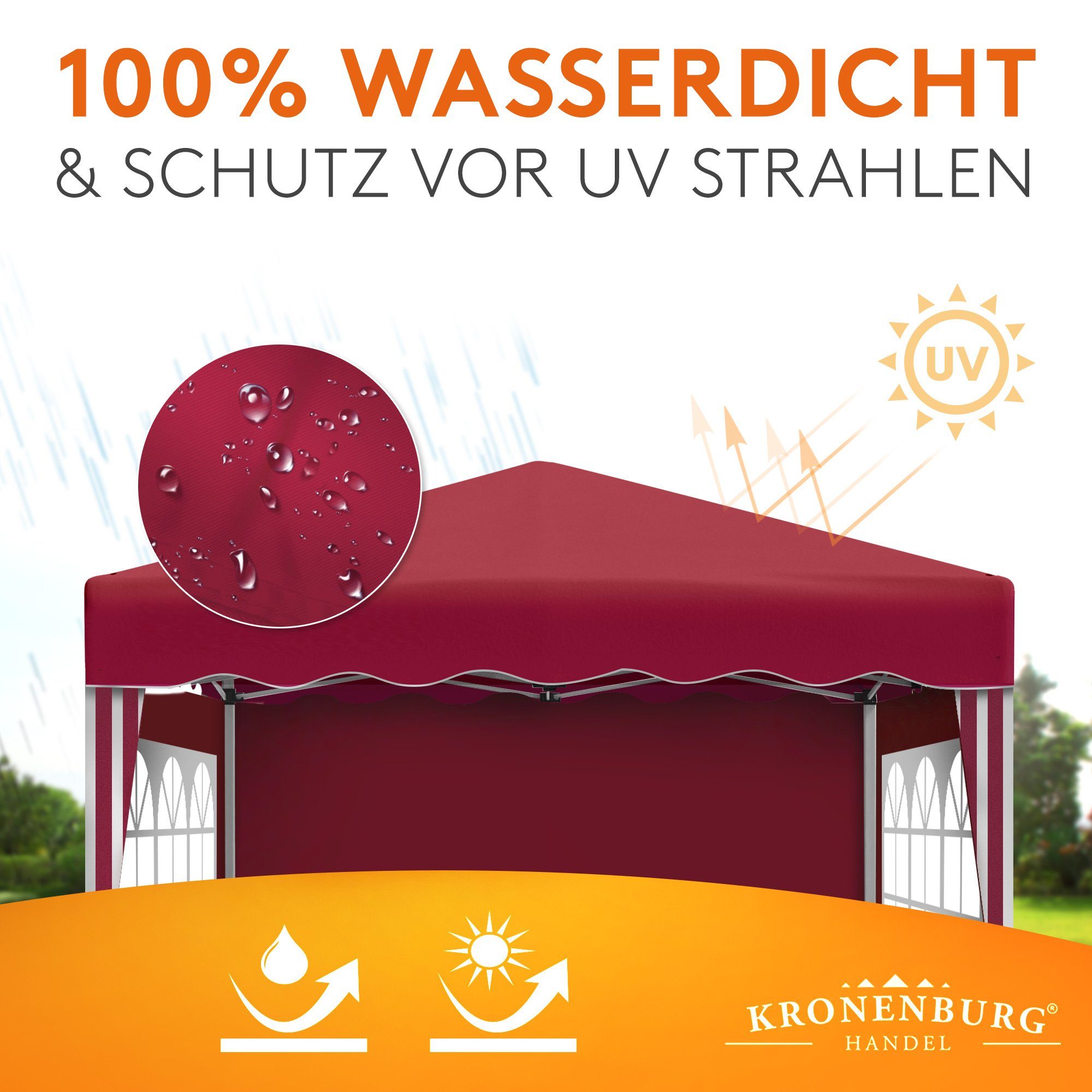 Kronenburg Faltpavillon 3x3 m wasserdicht - Gartenpavillon, Partyzelt stabil, UV-Schutz 50+, mit 4 Seitenteilen, Wetterfester Schutz, Leichter Aufbau, Inklusive – Bild 5 von 5