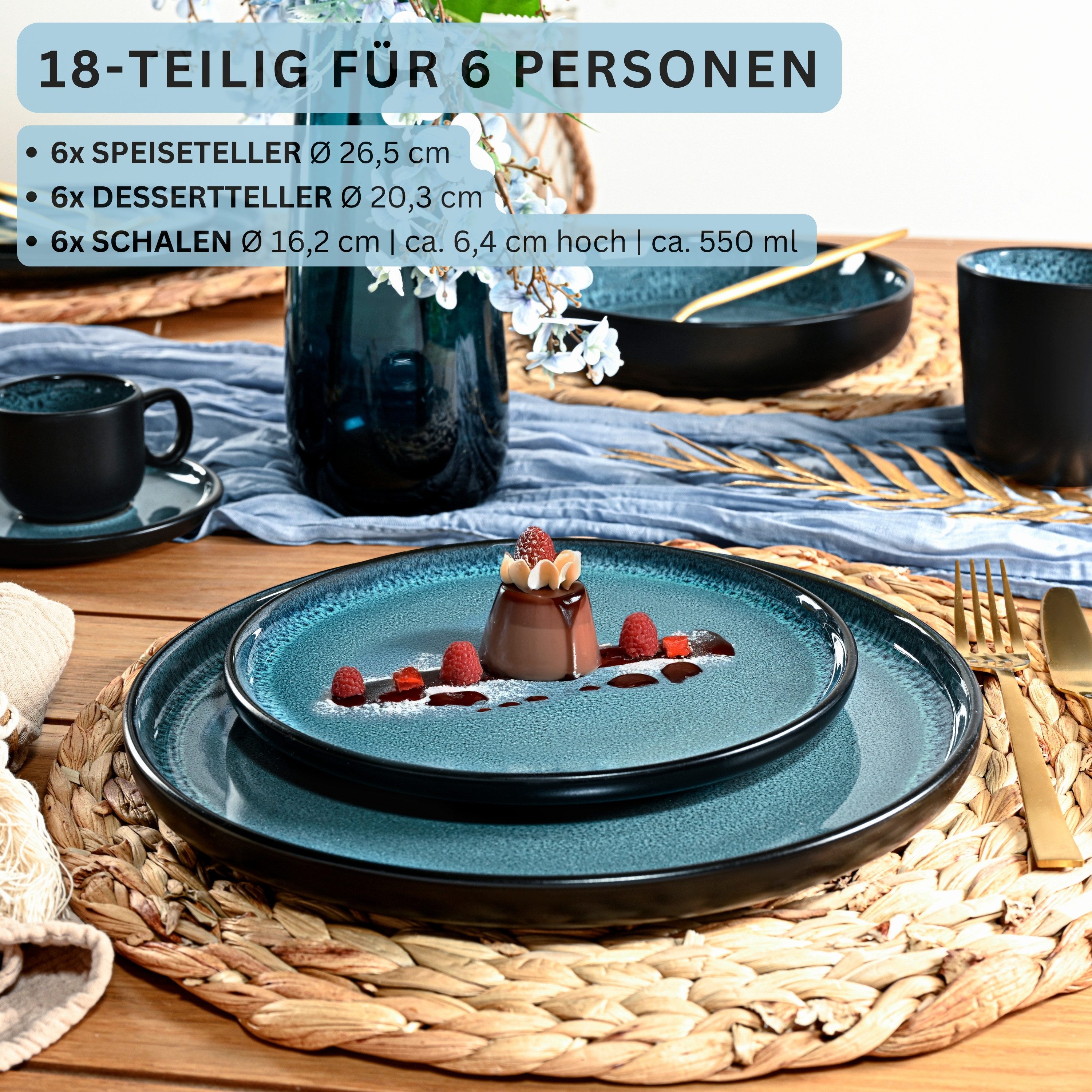 SÄNGER Tafelservice Vigo, Blau mit schwarzem Rand (18-tlg), 6 Personen, Steingut, Handmade, Erweiterbar, VALUE COLLECTION