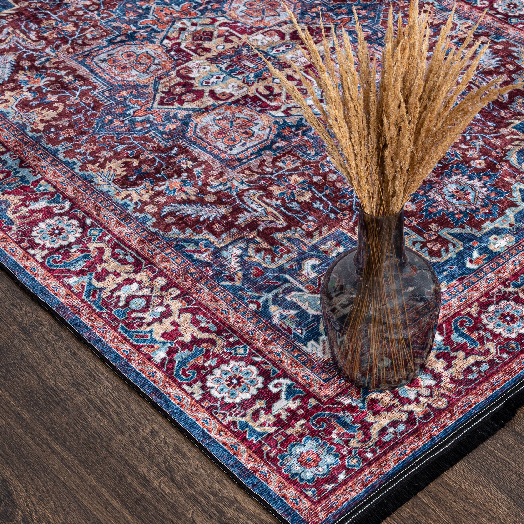 Mazovia Orientteppich Orientalisch Vintage Teppich Traditioneller Orient Teppich, 80 x 150 cm, Kurflor, Waschbar in Waschmaschine, Höhe 5 mm, Rutschfest